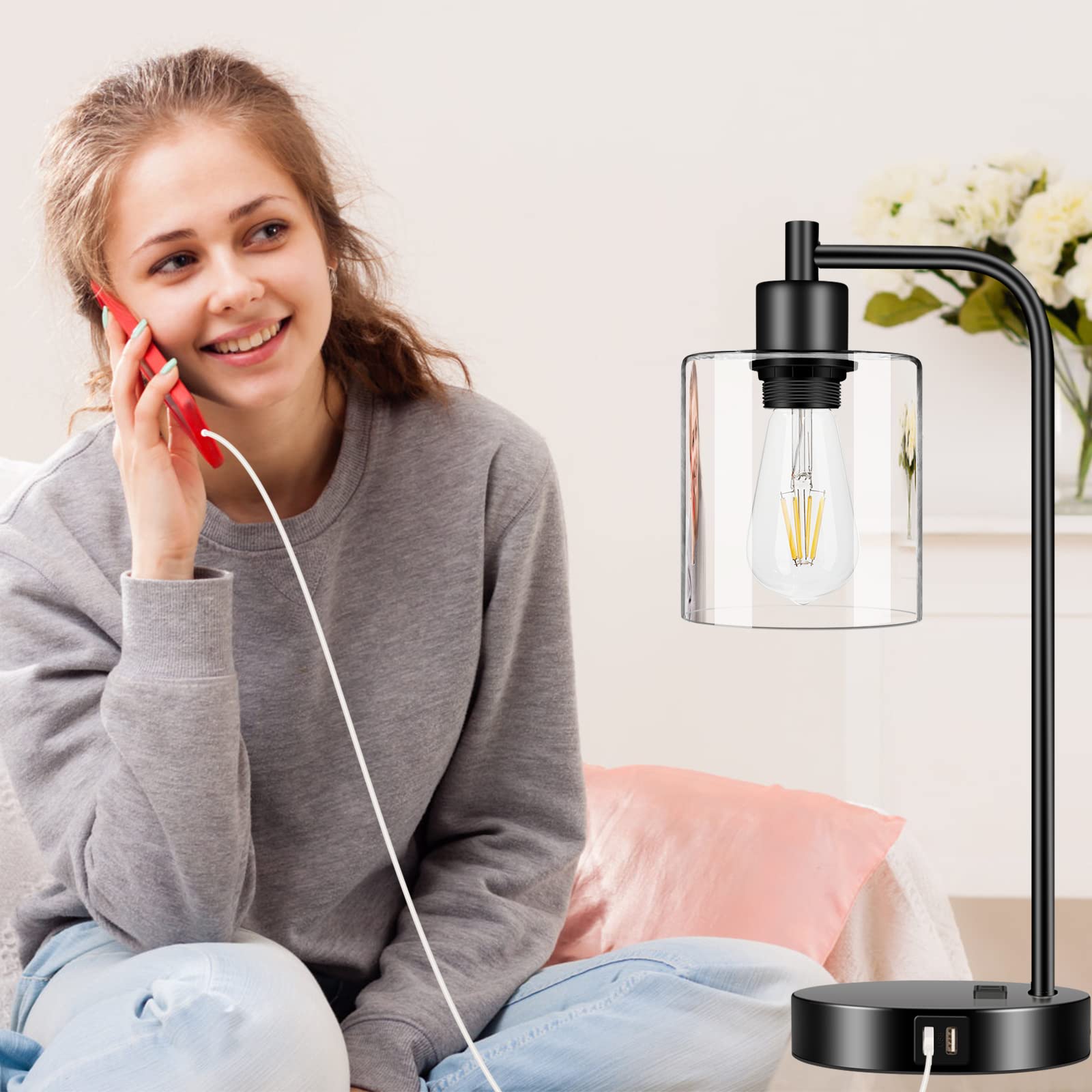 Nintiue Industrial Touch Control Table Lamps Set of 2 - 3-Way Dimmable, Black with Glass Shade & USB Ports, Model N202108