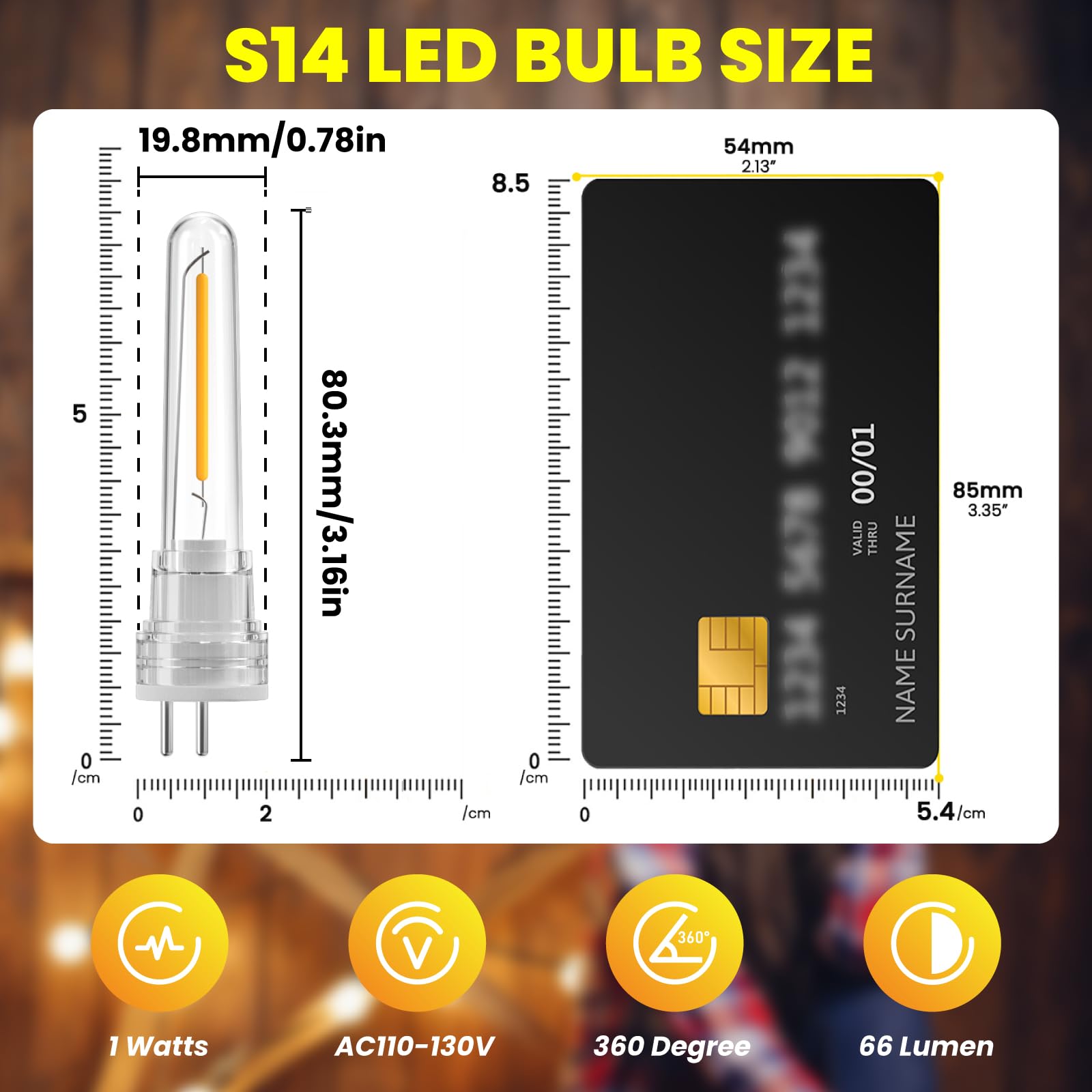 Lustaled S14 LED Outdoor String Light Bulbs, 1W Warm White 2700K, Waterproof IP65, 6-Pack