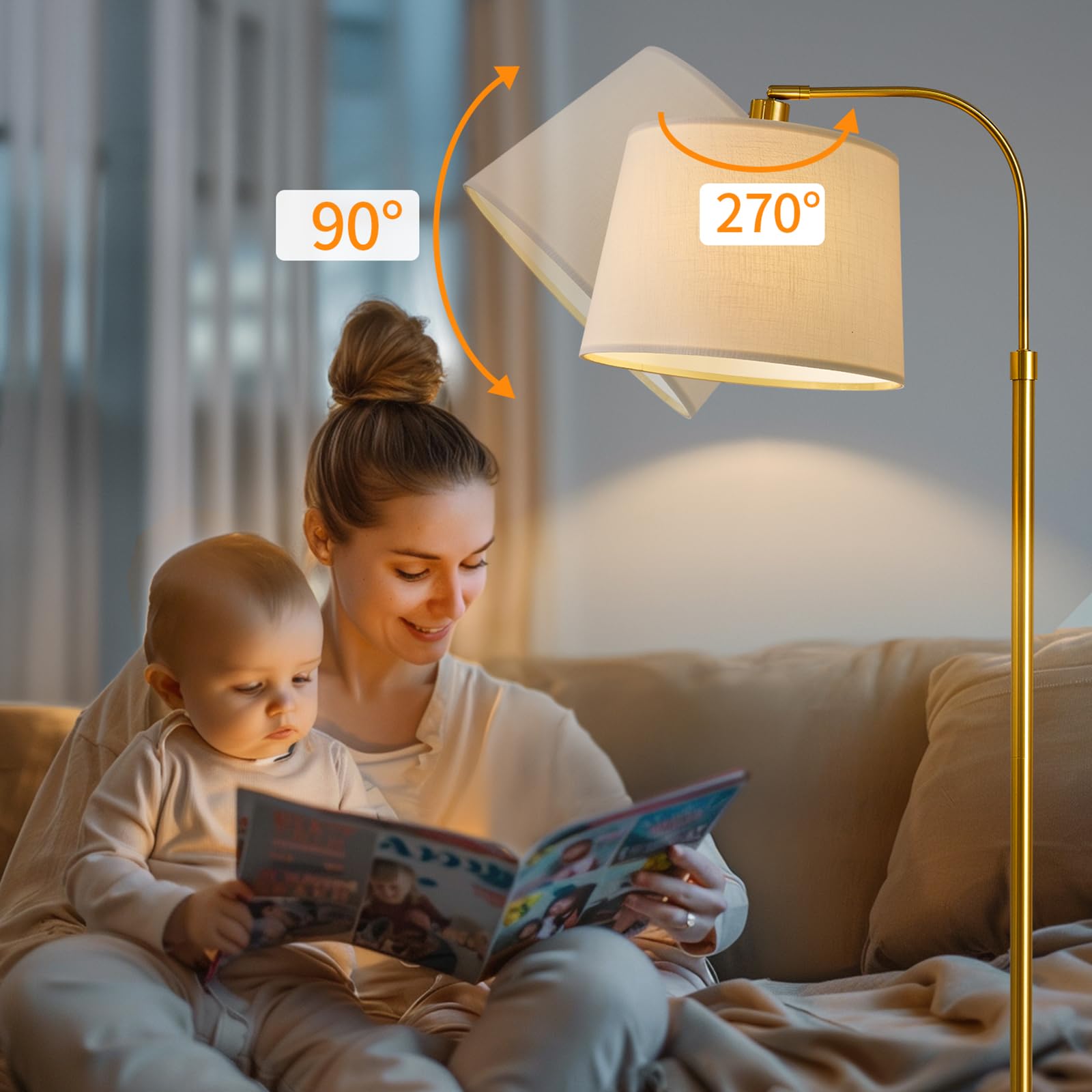 Oneach 62" Gold Arc Floor Lamp - Vintage Mid-Century Modern Metal Reading Light for Living Rooms, Bedrooms, and Offices - Model AMZ-F2015-GL