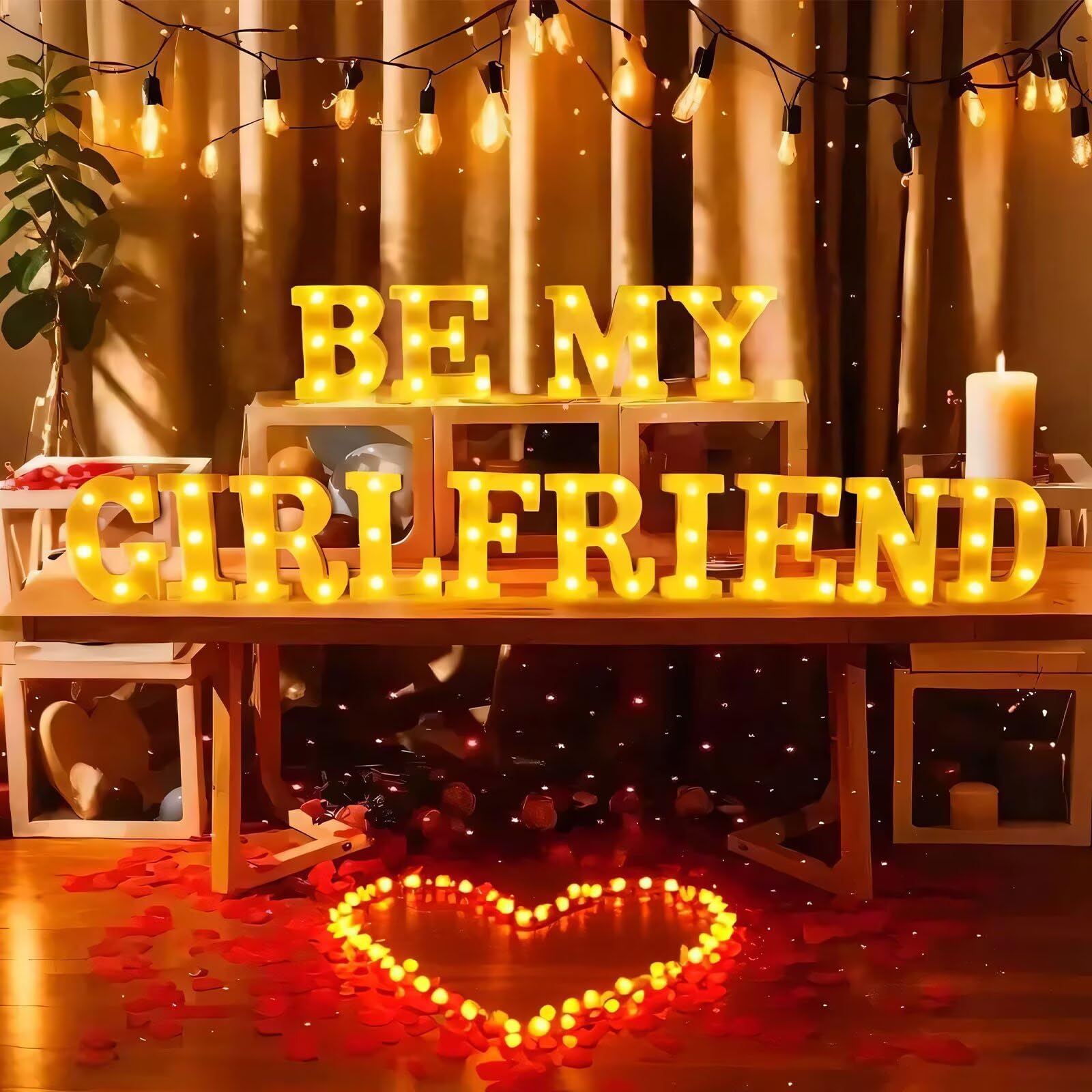 Ifncpf Be My Girlfriend Light Up Letters Proposing Decorations Set Includes 14 Led Light Letters And 1000 Rose Petals ValentineS Day Ornaments