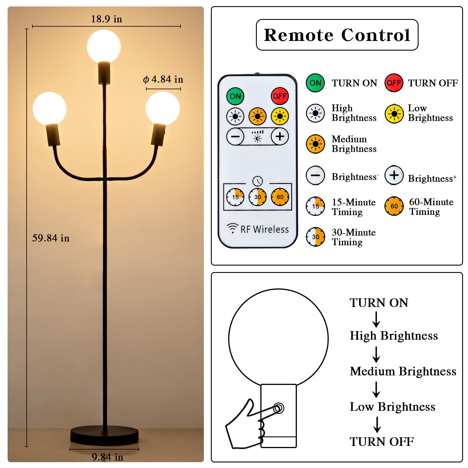 DEXULESA Led Magnetic Dimmable Floor Lamp with Remote Control, Adjustable Floor Lamp 360 Rotating Arm 15W 2700K Standing Lamps f