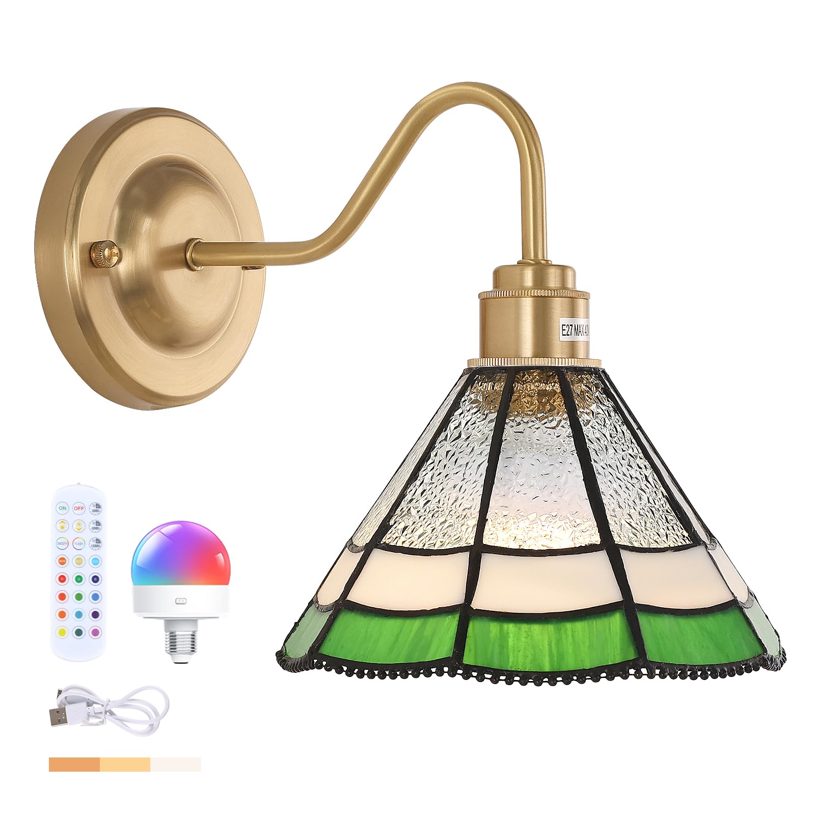 Shenmoyl Vintage Battery Operated Wall Sconce With Remote, Rgb Led Wall Lamp 12 Colors Dimmable, Brass Wall Lights Fixture For Bedroom Bathroom Living Room Hallway Green Multilayer Petal