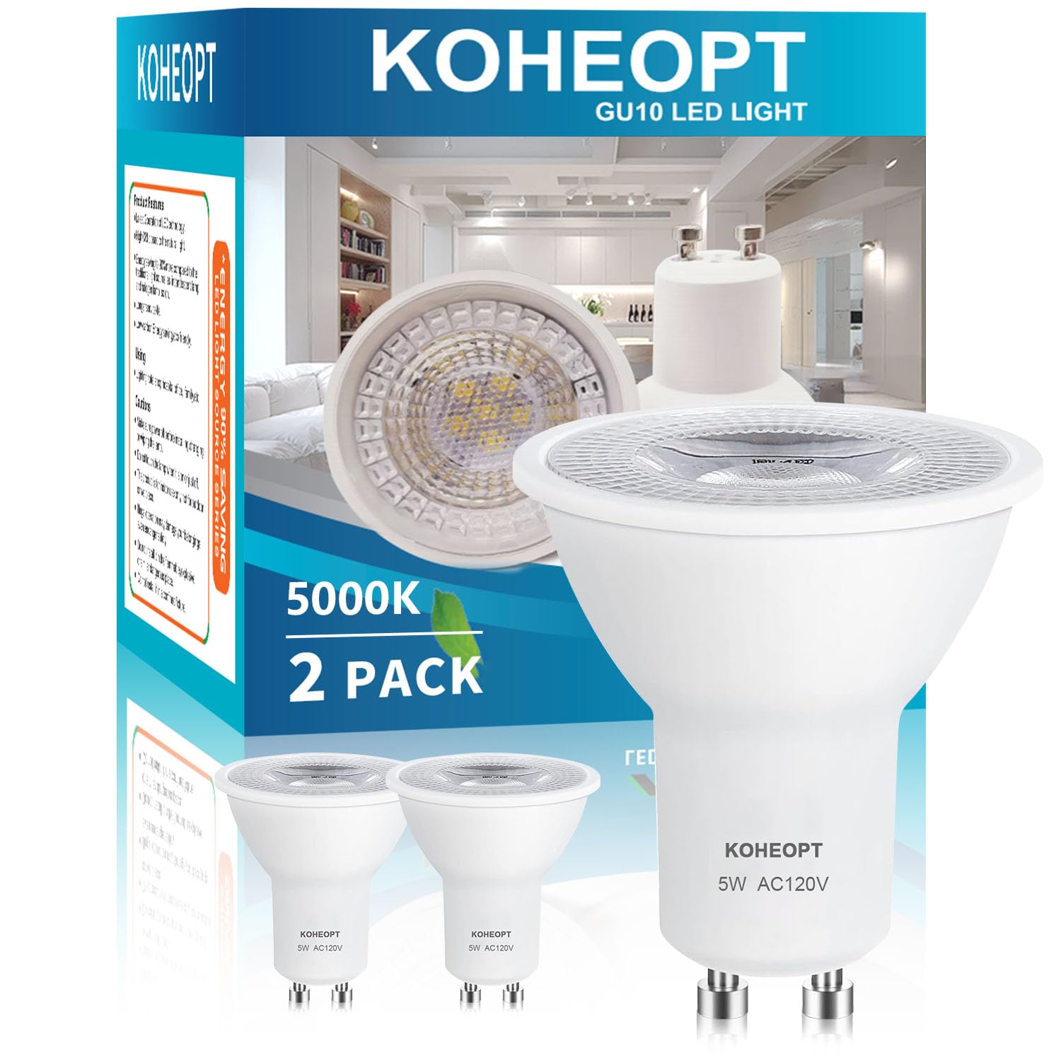 Koheopt Gu10 Led Light Bulb 5W  (2 Pack) 5000K Dimmable Daylight Gu10 Bulb 500Lm Replacement For Track Lighting  50W Equivalent Halogen Bulbs  Led Bulbs For Living Room  Kitchen Range Hood  Bathroom