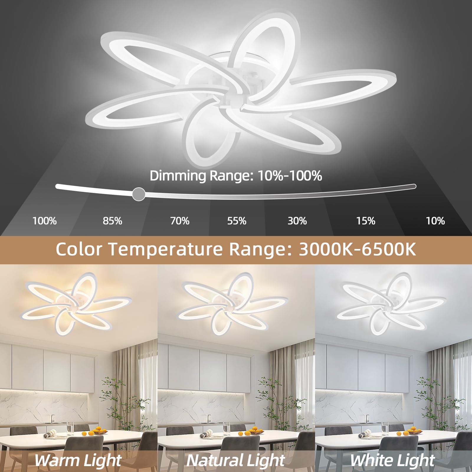 Seable Modern Led Light, 6+1 Rings 93W Dimmable Fixture 29.5'' 3000K-6500K Flush Mount White Flower Ceiling Lamp With Remote For