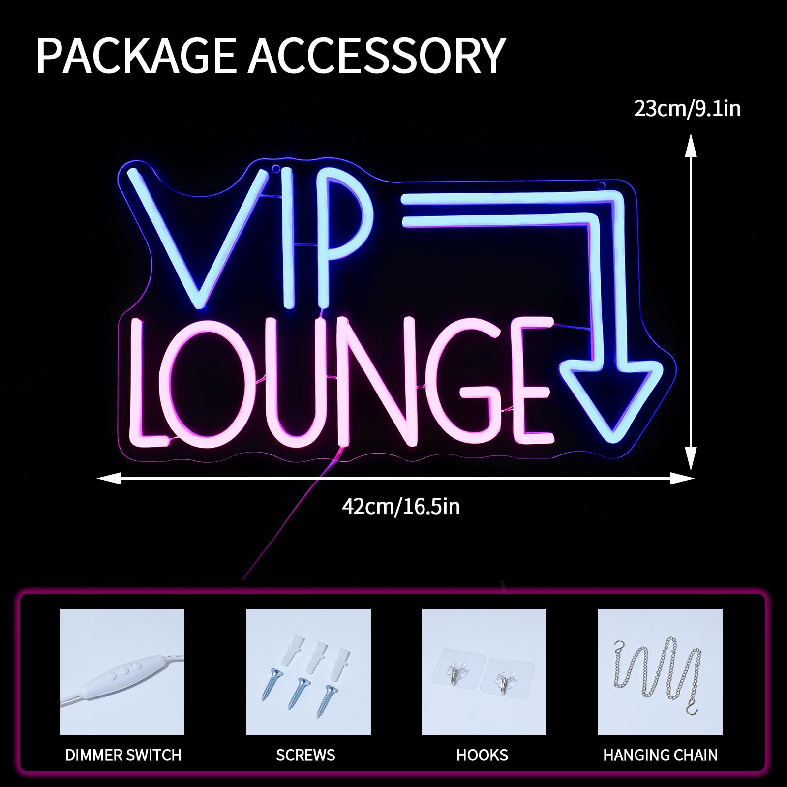 Virlusy Neon Sign for Wall Decor, Dimmable LED Light, Medium, Acrylic, Pink Blue, Model YL-Vip Lounge