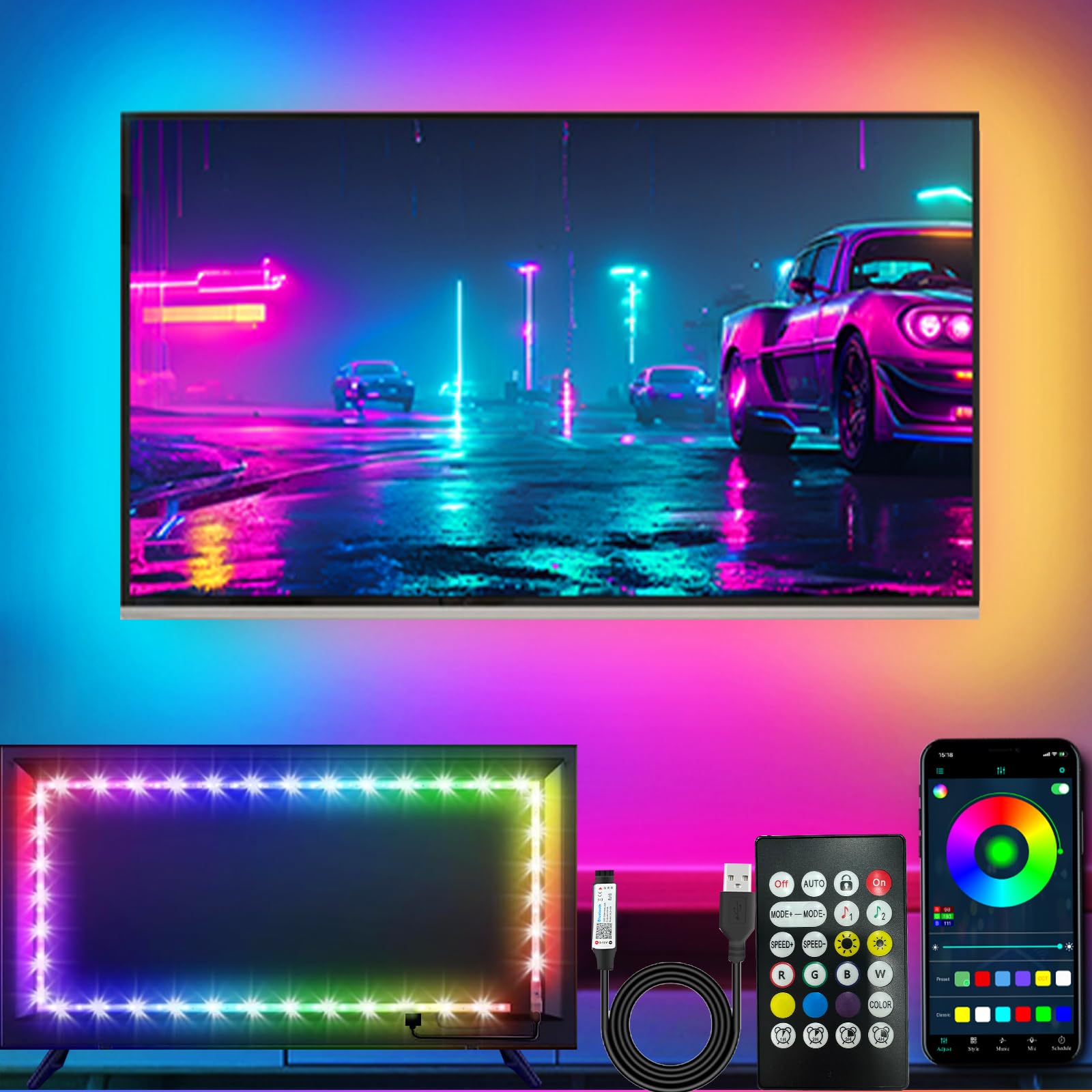 httpsmp LED TV Lights, 16.4ft RGB Backlight, Music Sync, Bluetooth/RF Remote, for 45in-75in TVs, Multicolor