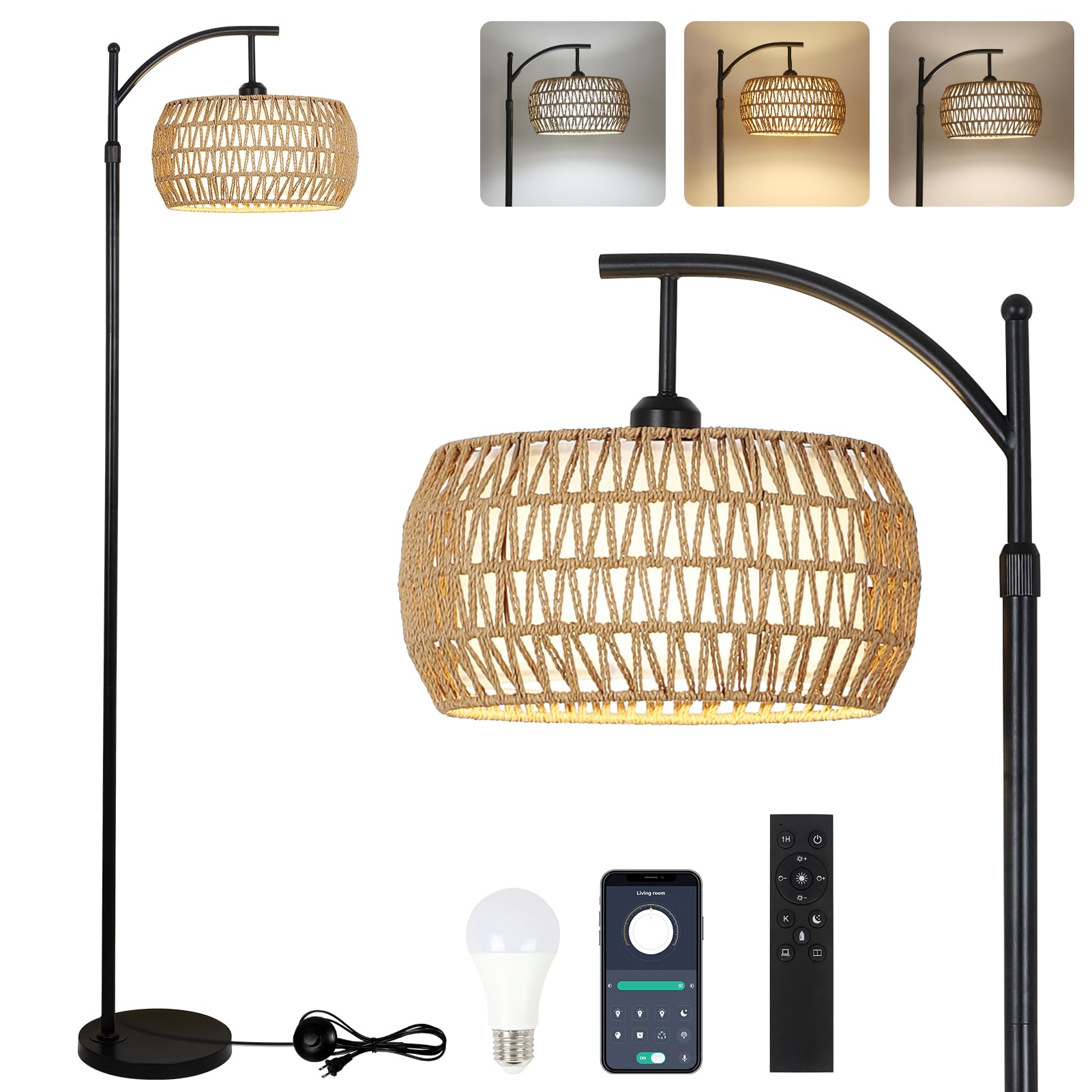 Arc Floor Lamp with Remote Control, Dimmable LED Floor Lamp with 3 Color Temperature, Black Standing Lamp with Rattan & Fabric D