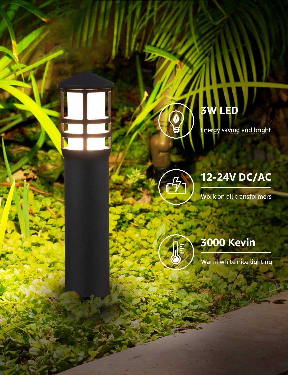 SUNVIE 12-Pack Low Voltage Landscape Pathway Lights, 3W LED, 3000K, Black Aluminum, ETL Listed for Outdoor Yard Garden Lighting