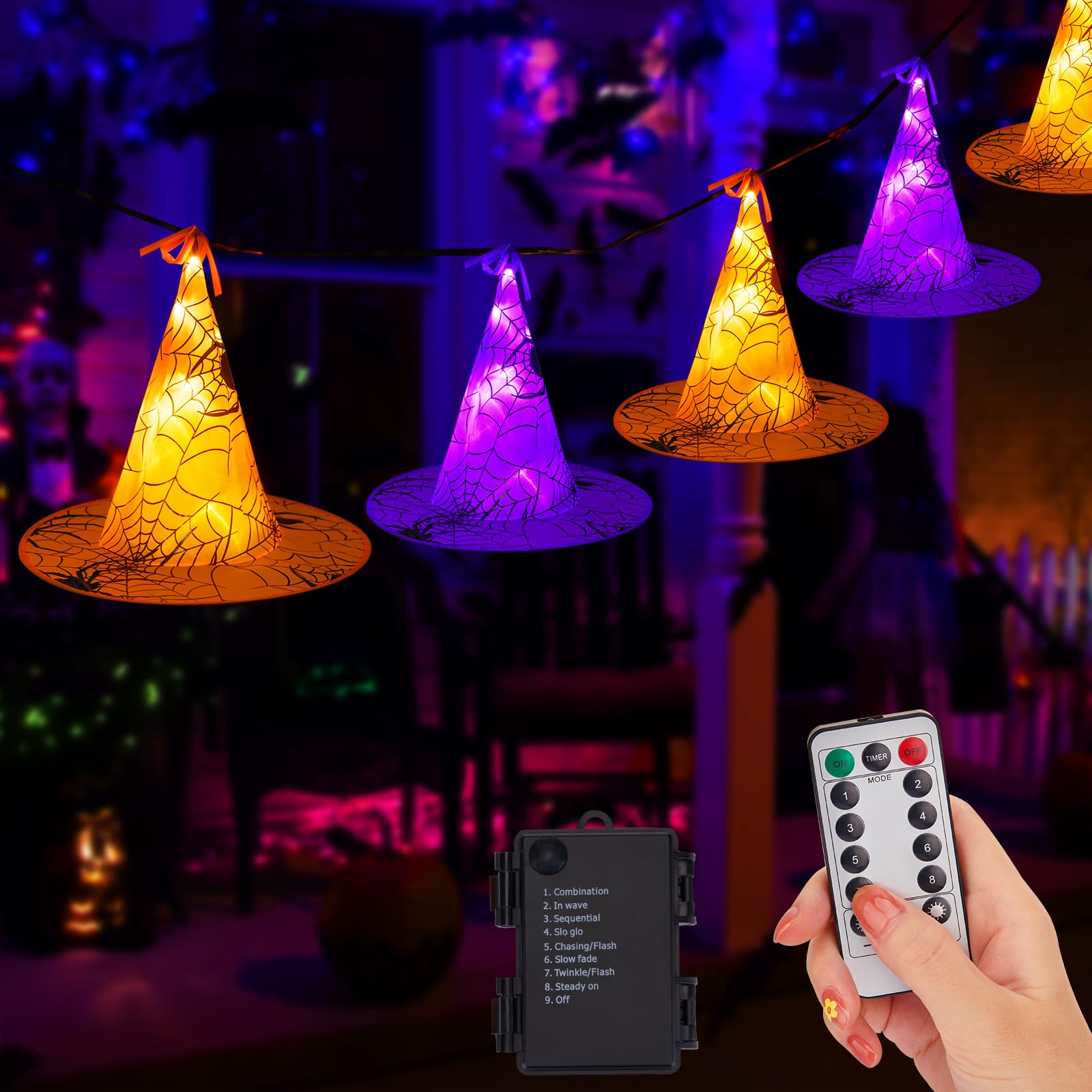 Minetom Halloween Lights Witch Hat, 56 LED Purple & Orange, Battery Operated, Remote & Timer, Indoor/Outdoor, Model JT-DC030-C