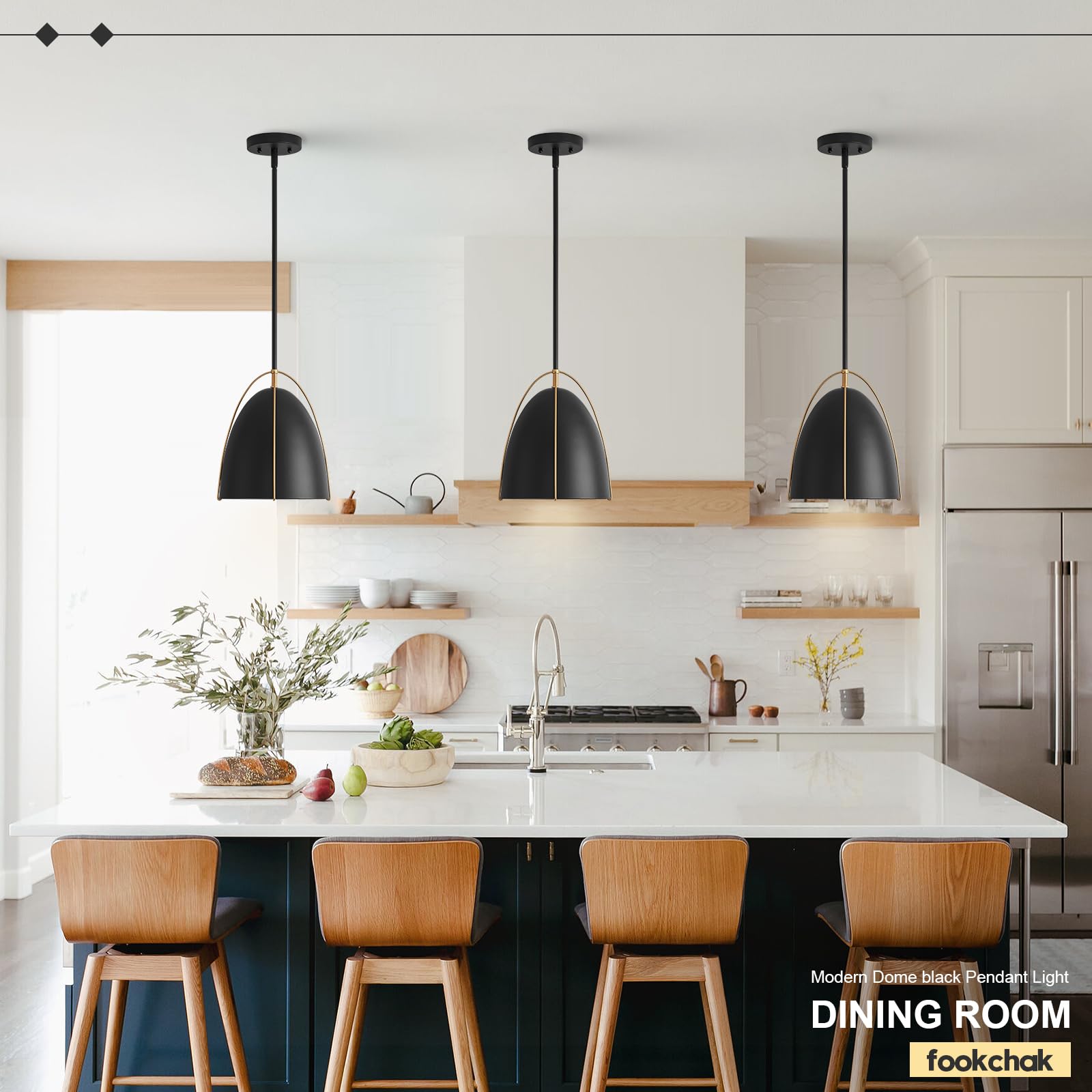 FookChak 10" Black Gold Dome Pendant Light Fixture, 1-Light Egg-Shaped Design for Kitchen Island, Dining Room, Bar - Model 21B
