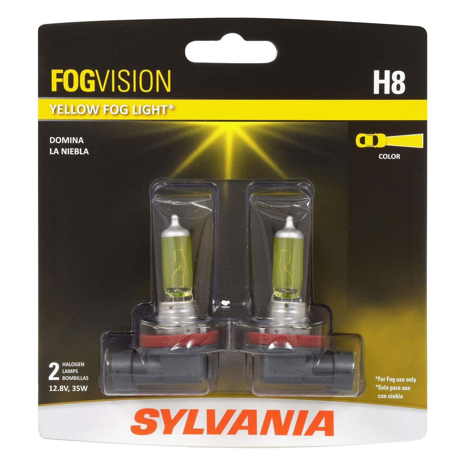 SYLVANIA H8 Fog Vision Yellow Halogen Fog Lights - High Performance, Street Legal, 2 Bulbs, Improved Safety