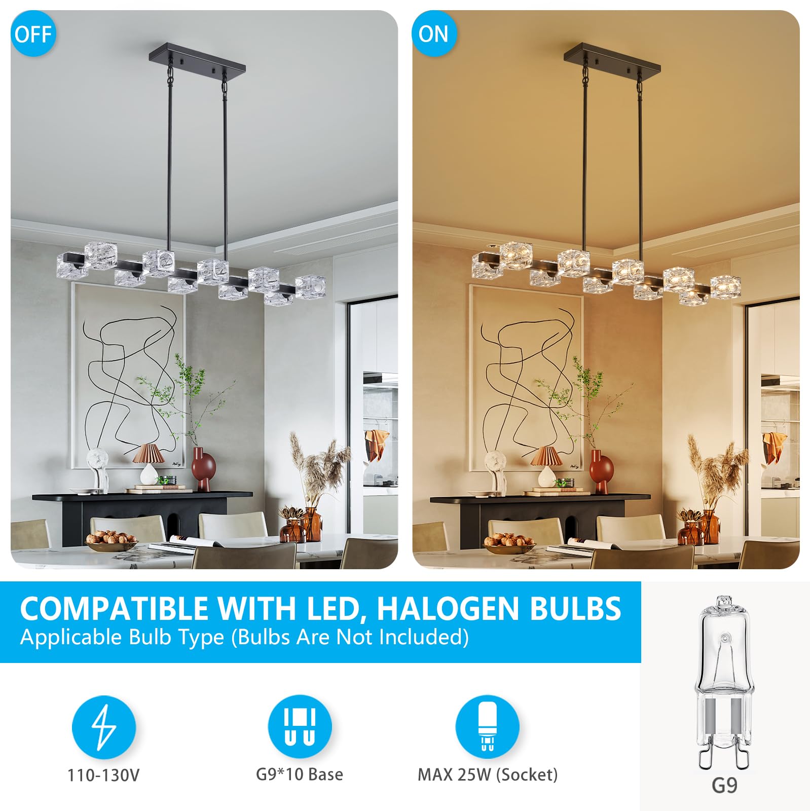 Xingqi Kitchen Island Light Fixture Black Large Rectangular Chandeliers 10 Lights For Dining Room, Modern Chandelier With Glass