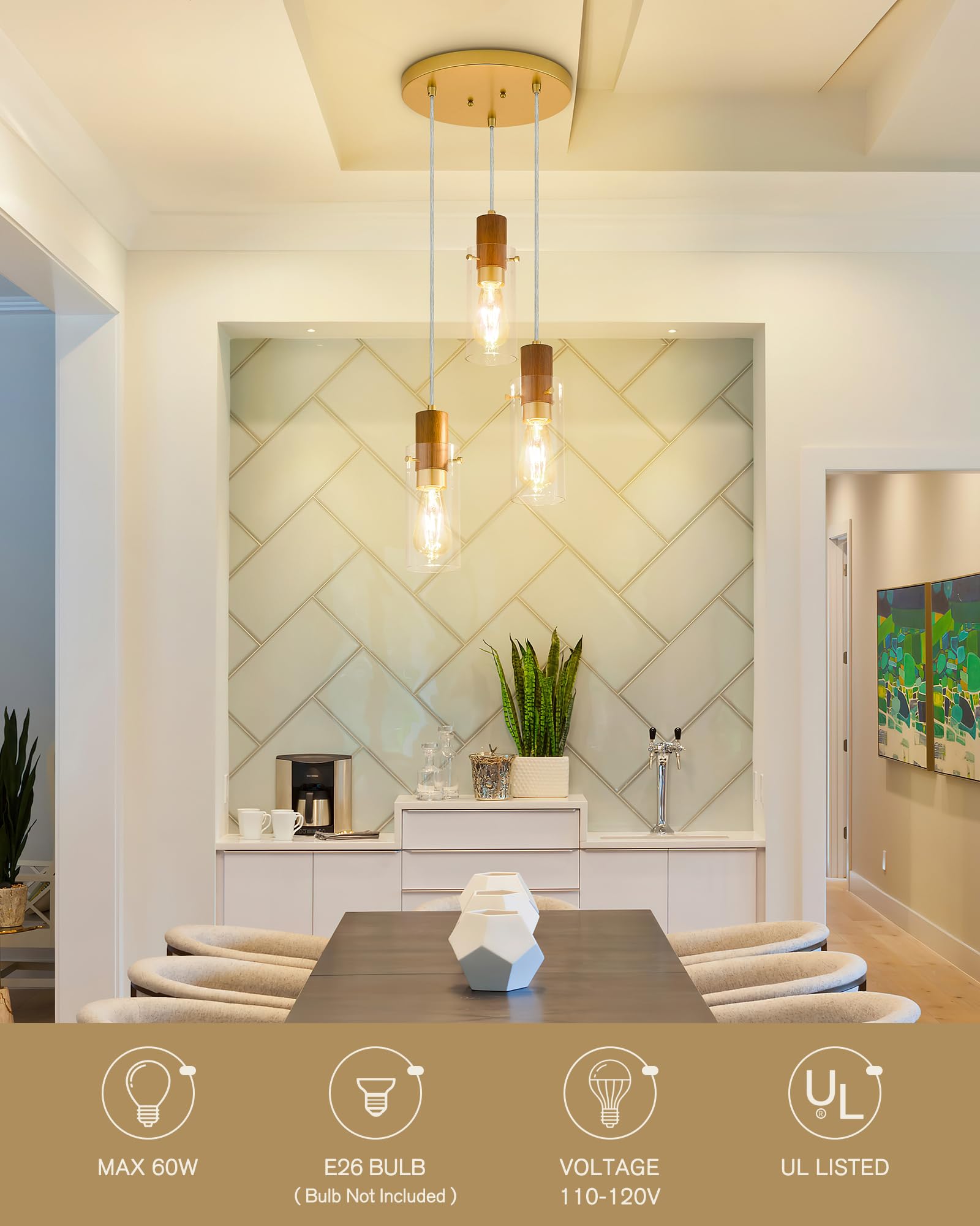 Emak Gold Pendant Light Fixtures, 3-Light Pendant Lights With Clear Glass Shade, Modern Farmhouse Hanging Lights For Kitchen Island, Dining Room, Bathroom, Bedroom, Pl120-Gd-Cl