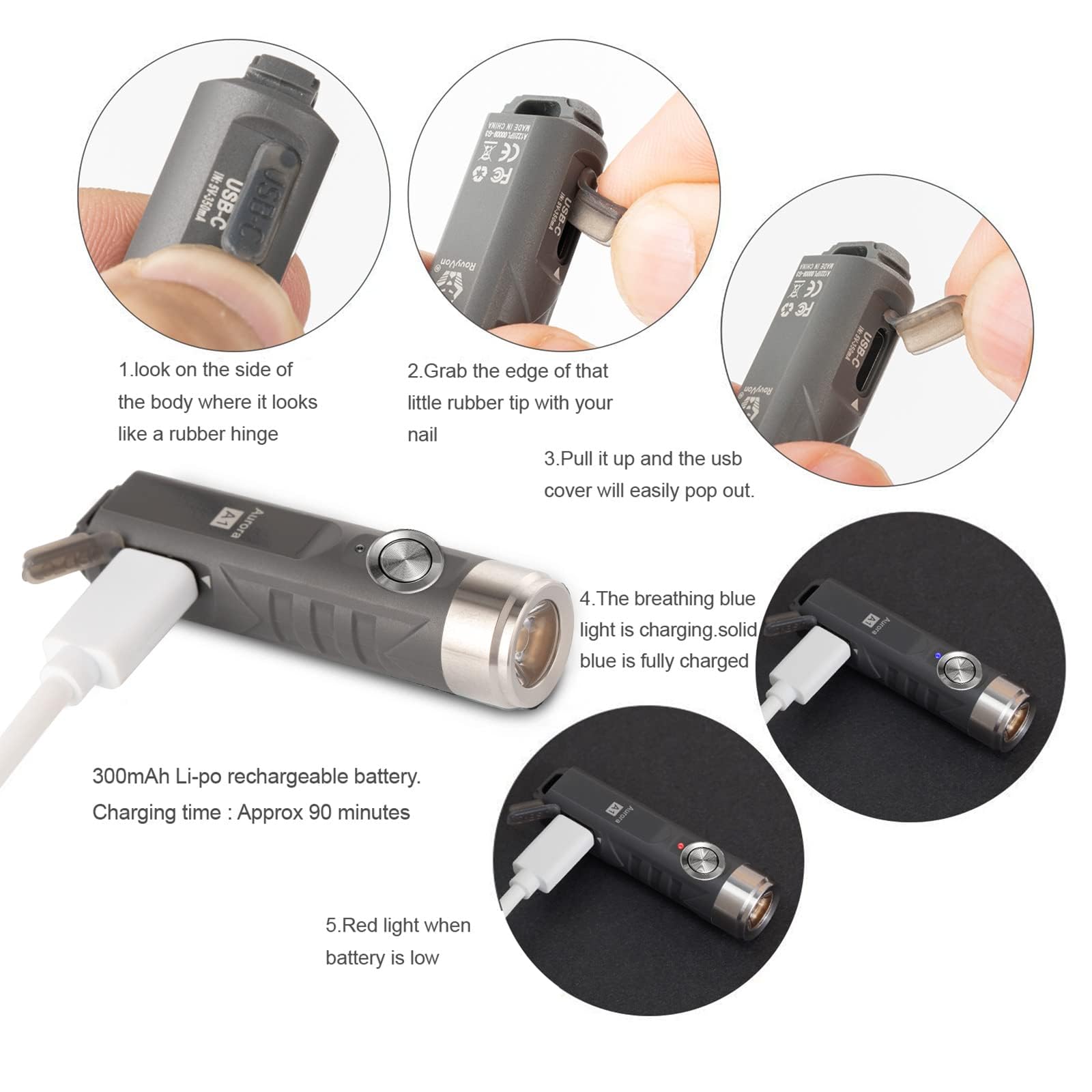 RovyVon A1 Gen 4 Keychain Flashlight 650 Lumens Mini Light, Grey, Rechargeable, Polycarbonate, EDC for Camping and Everyday Carry