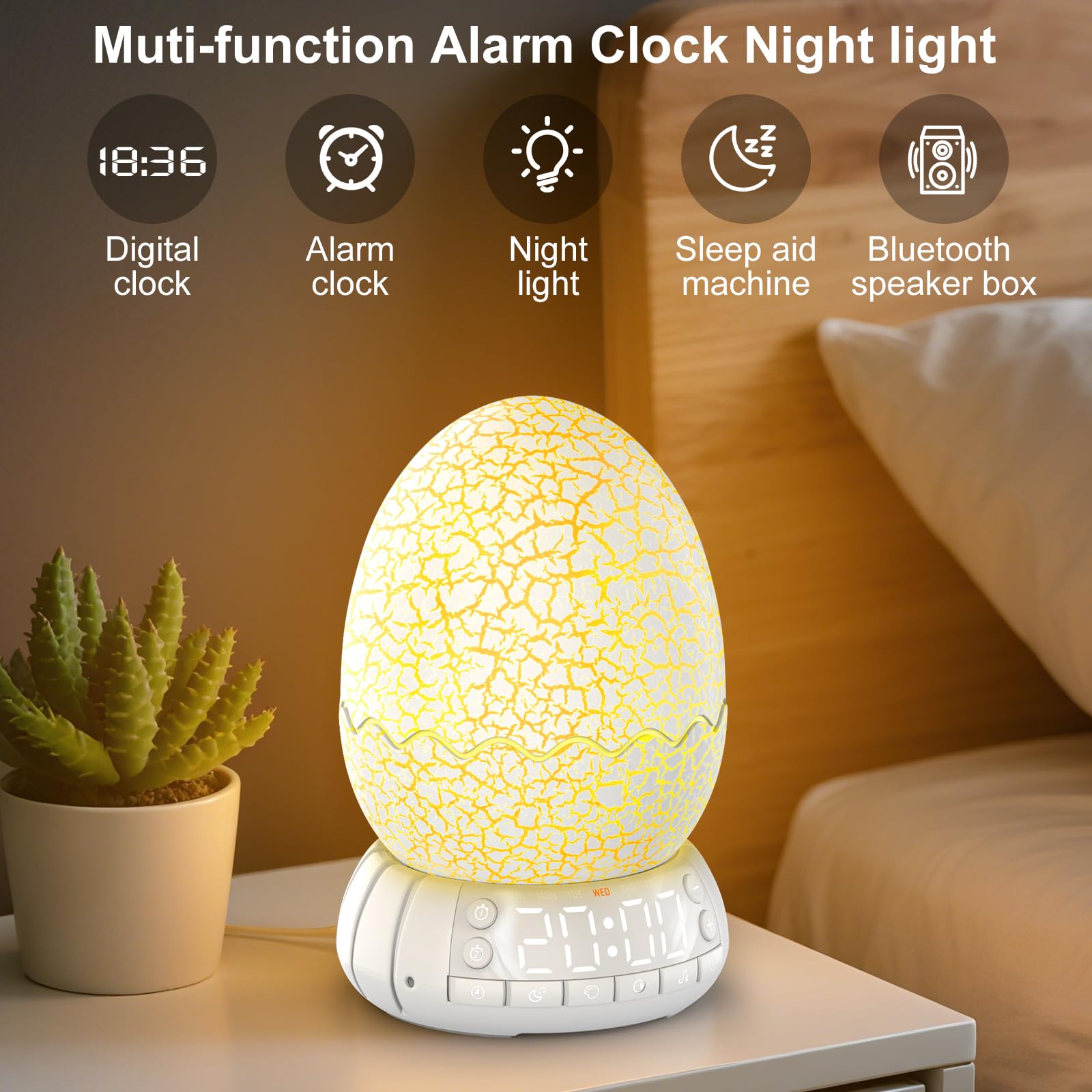 MTDYHY Dinosaur Egg 4-in-1 Clock Lamp Bluetooth Speaker Night Light - Multicolored Acrylic EGG-01
