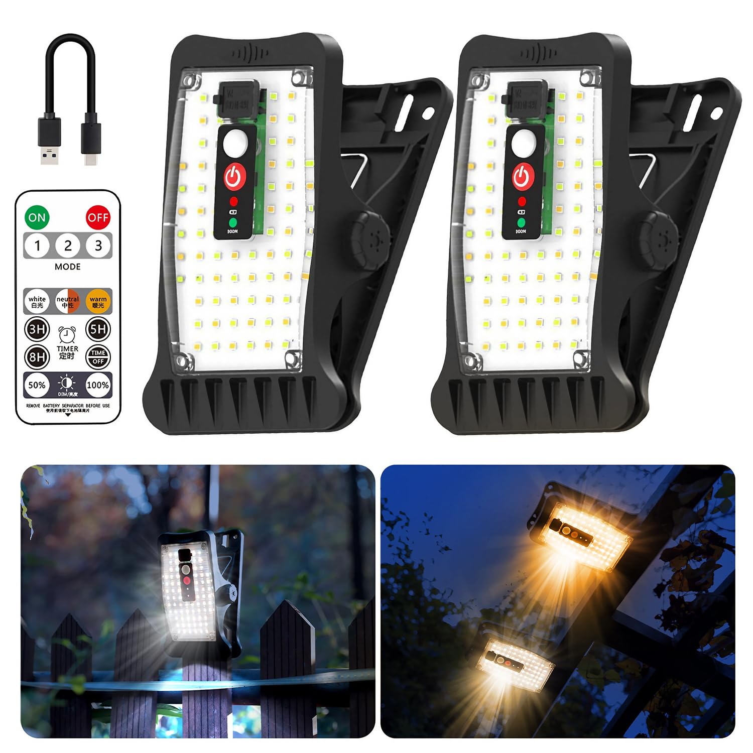 Clip On Solar Motion Lights Outdoor Waterproof with 70 LEDs, 3 Color Temperature, USB & Remote Control, 2 Pack Portable Solar Po