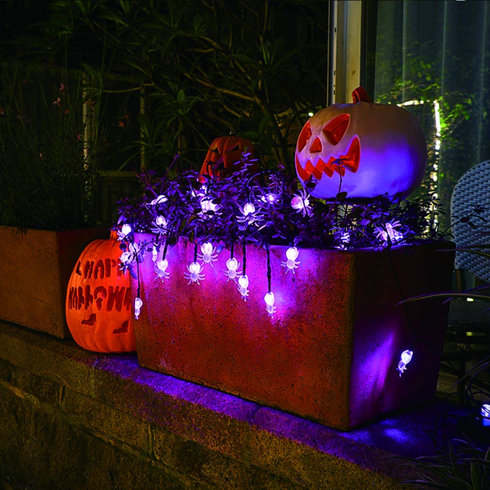 Qunlight Halloween Solar String Lights, 30 LED 20ft Purple Spider Lights, 8 Modes, Waterproof Fairy Lights for Party Decor