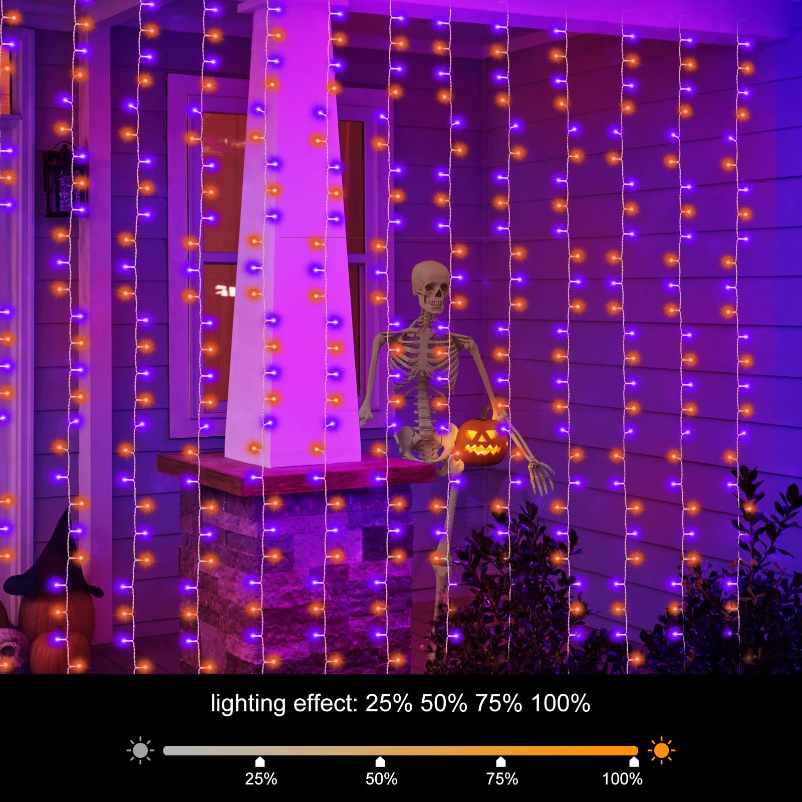 Echosari Halloween Curtain Lights Battery Operated, 300 Led Purple Orange Fairy Curtain Lights 9.8Ft X 9.8Ft Hanging Lights With