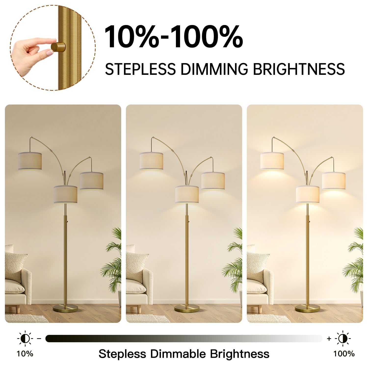 Dimmable Floor Lamp - 3 Lights Brass Floor Lamps For Living Room Linen White Shades & Heavy Base, Mid Century Tree Floor Lamp Fo