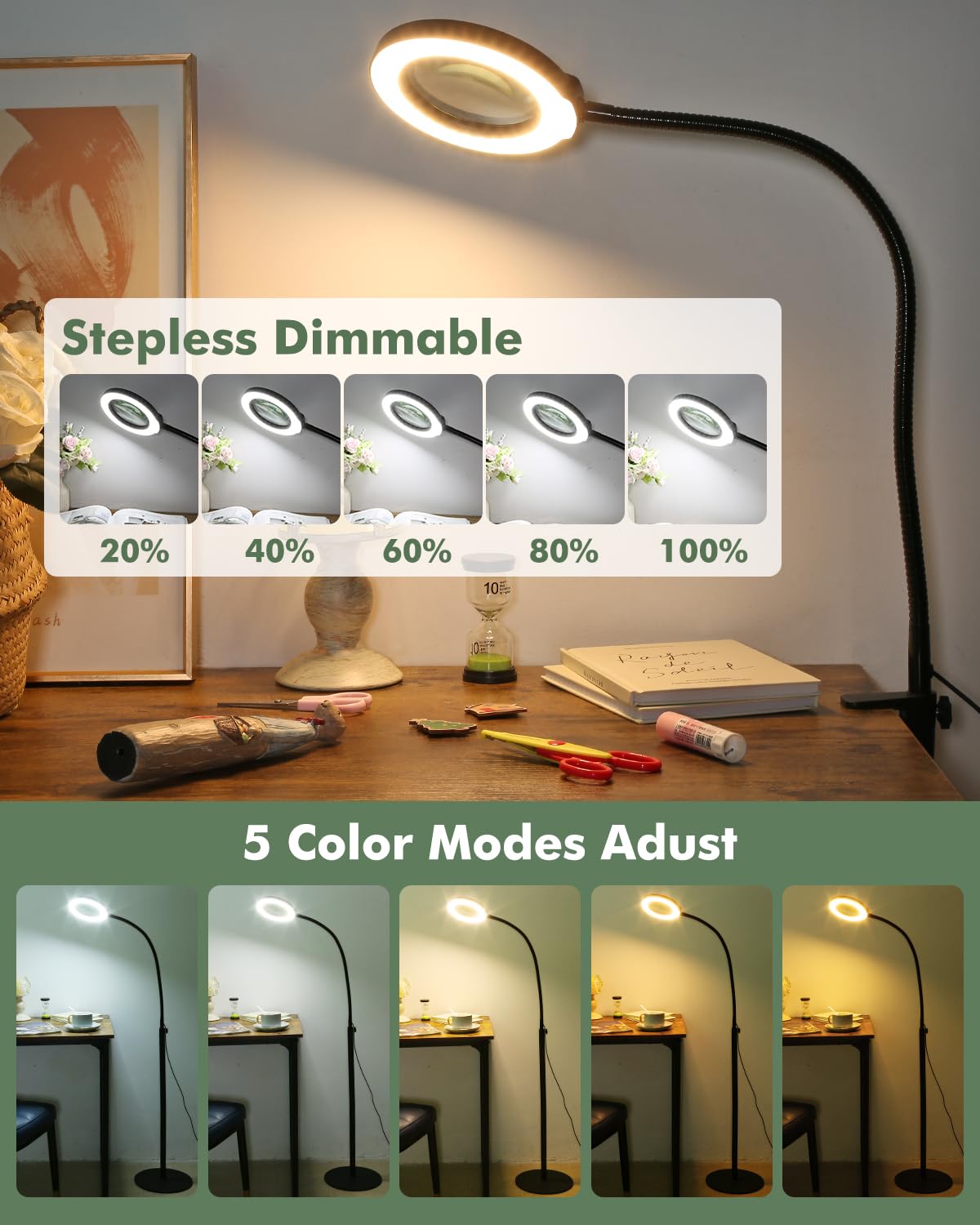 10X Magnifying Glass With Light And Stand, 3-In-1 Led 5 Color Modes Stepless Dimmable Magnifying Floor Lamp,24'' Flexible Goosen