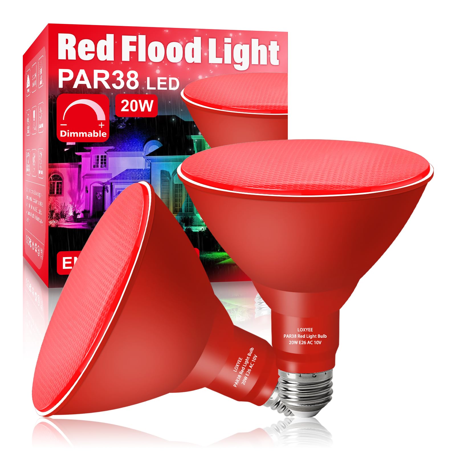 LOXYEE PAR38 Flood Light Bulb, Dimmable, E26 Base, 20W Replace to 200W, 2 Pack, Red