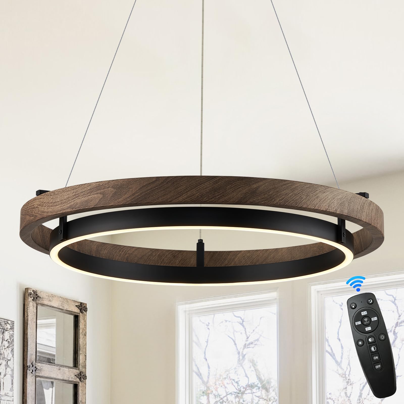 LED Ring Chandelier Dimmable Black Chandelier Round Foyer Chandeliers Light Walnut Wood Black Circular Chandeliers for Dining Ro