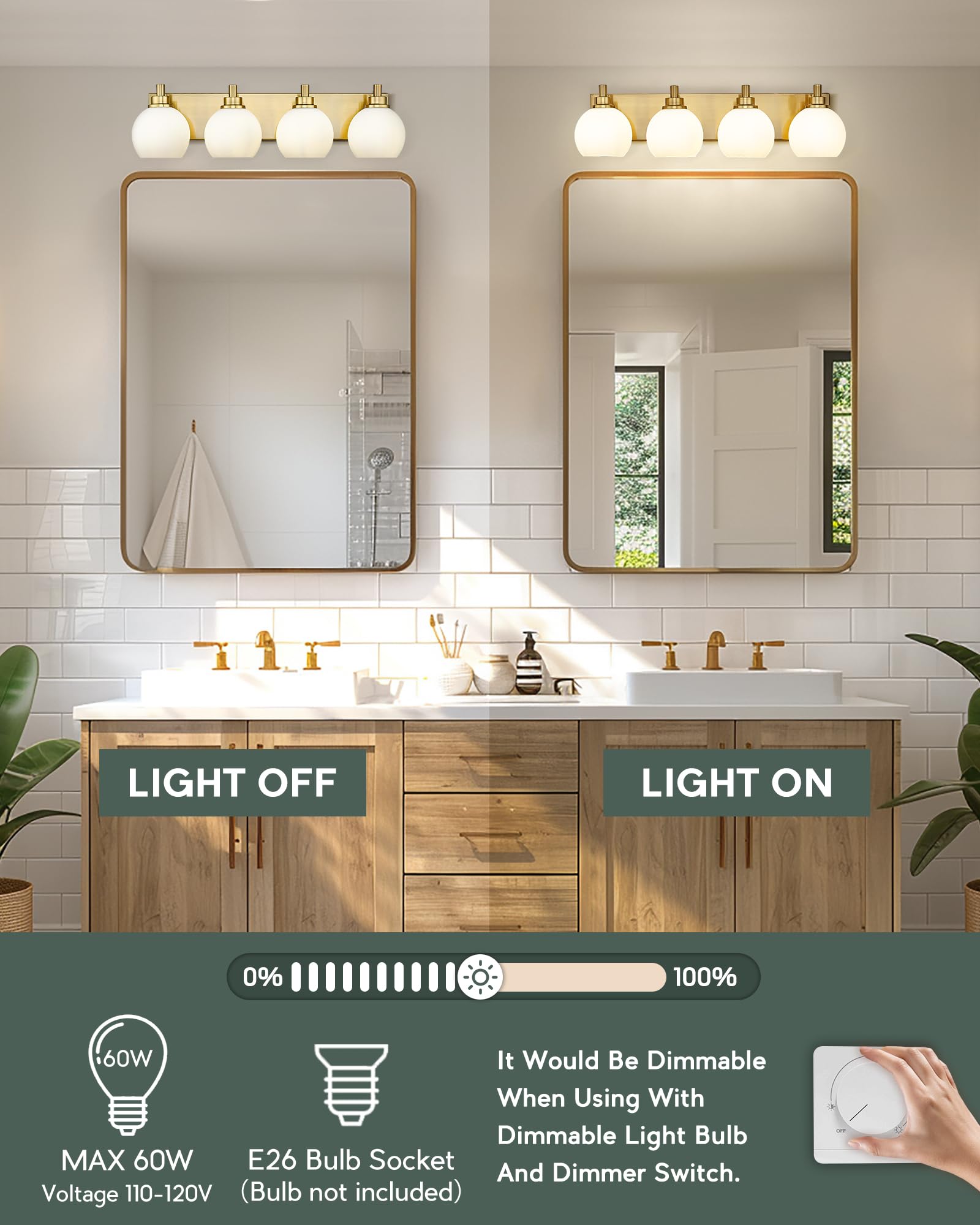 METWET 4-Light Brushed Gold Bathroom Vanity Light with Globe Milk Glass Shade, 26 Inch Modern Wall Sconce, Model VL195-BG-ML-4