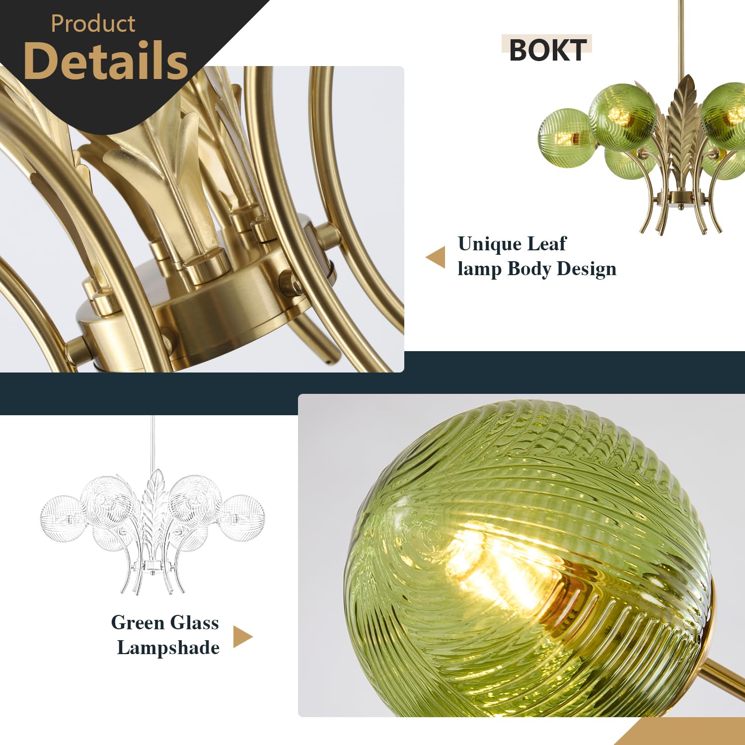 BOKT 6-Light Brushed Brass Chandelier with Green Glass Globes, Adjustable Height, Model BP1128-G