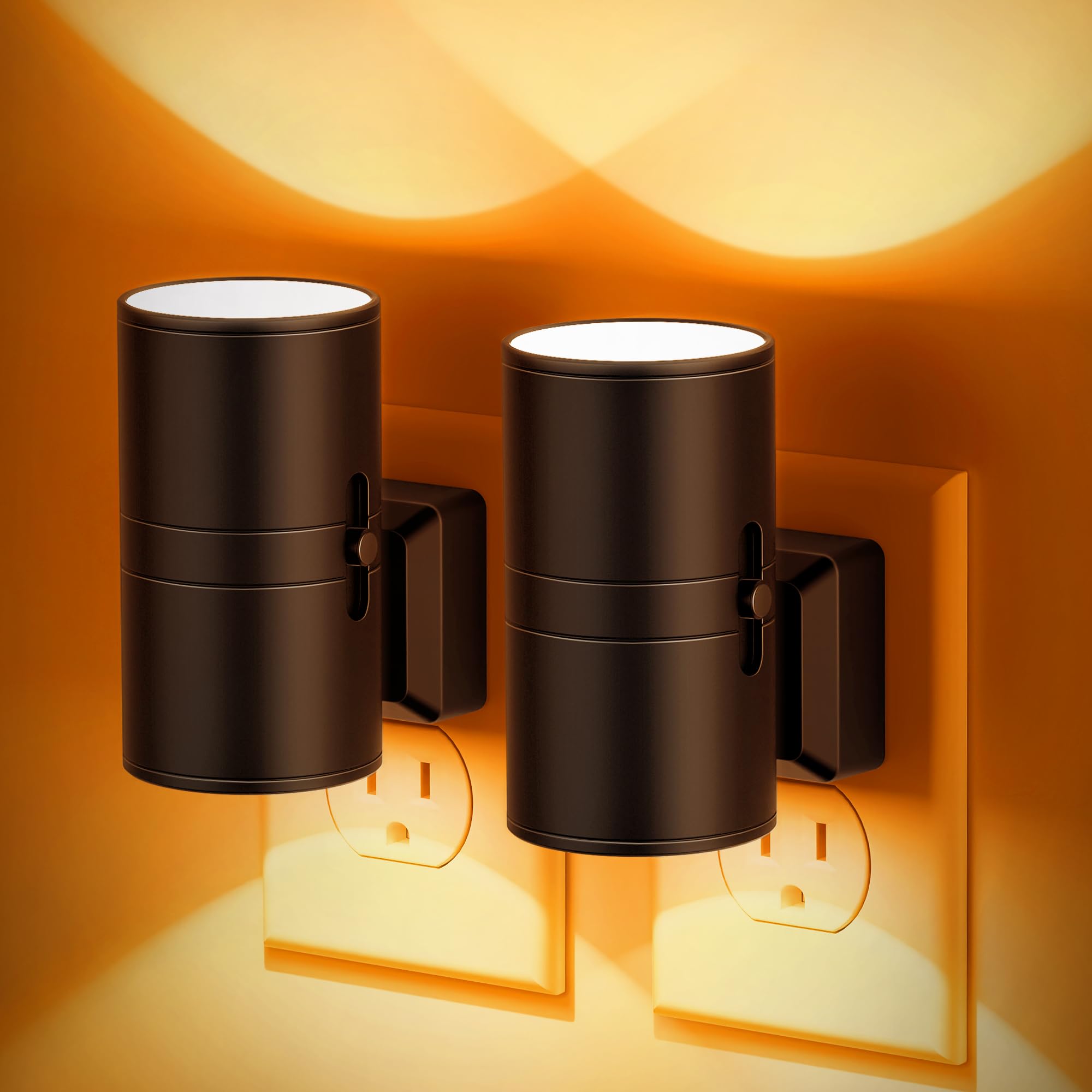 JandCase Amber Night Lights Plug-in, Dimmable, Auto On/Off, 2000K, 0-100LM Adjustable Brightness, Orange - Black Shade, 2 Pack