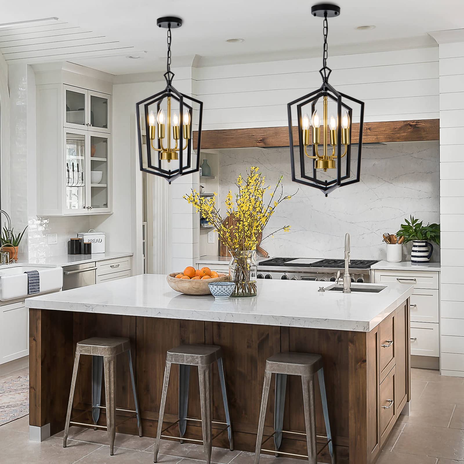 Lanhall 4-Light Metal Chandelier Pendant Light Fixture, Black + Brushed Brass, Modern Design for Dining Room, Kitchen Island, Model 500-100-1037