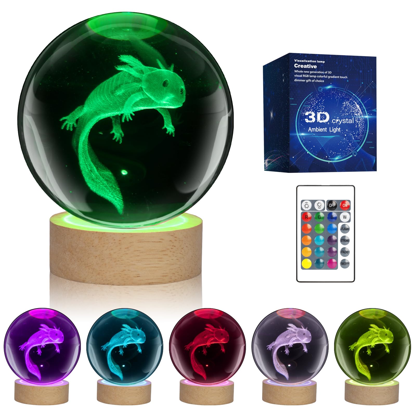 Lqyhzczq 3D Axolotl Crystal Ball Night Light With 16 Color Led Wooden Base With Remote Control, 3.15 Inch Crystal Ball Night Light (Axolotl)