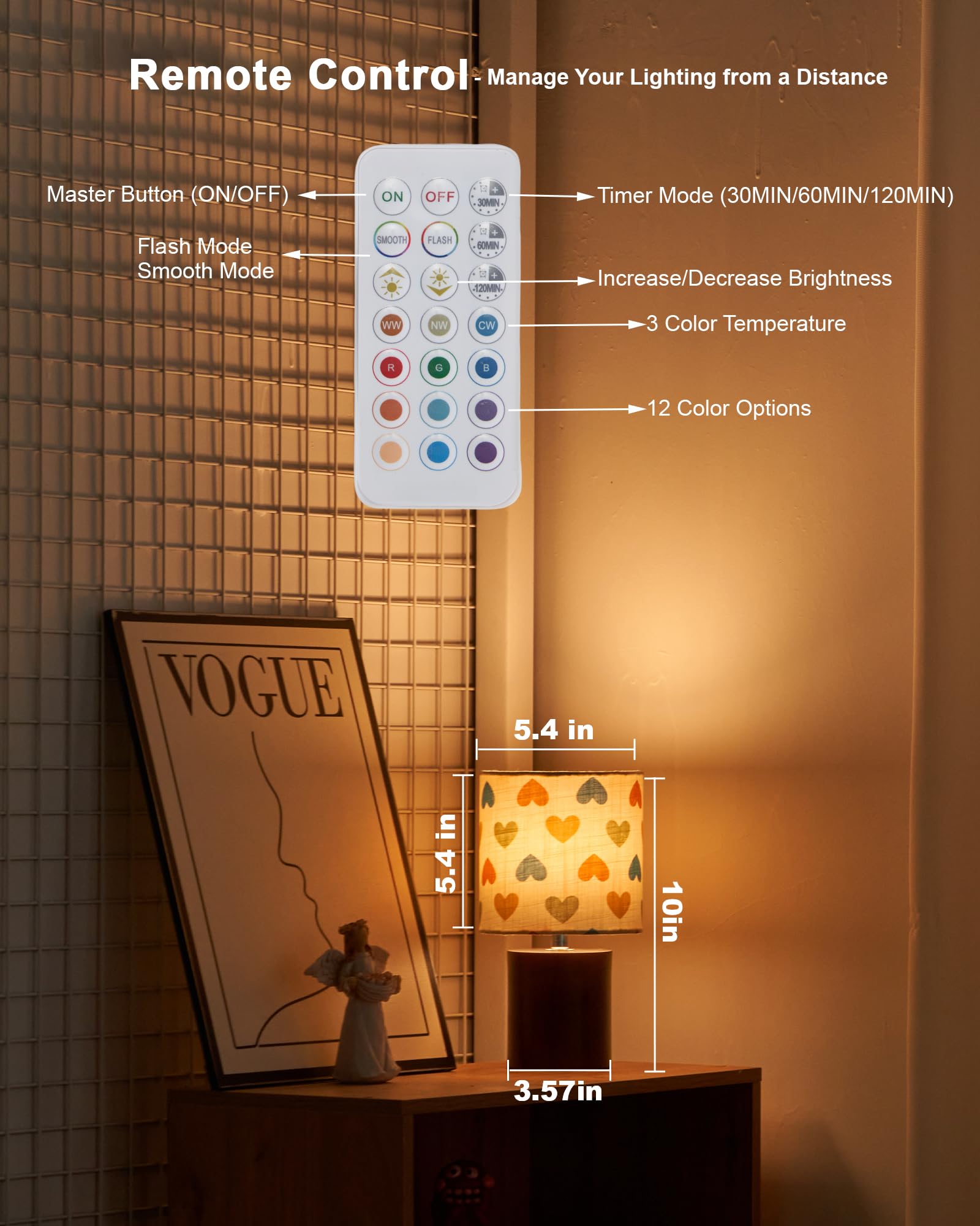 UMEXUS Rechargeable Cordless Table Lamp with Timer, Remote, Dimmer, Small, Linen, Colorful Heart, Model 90027