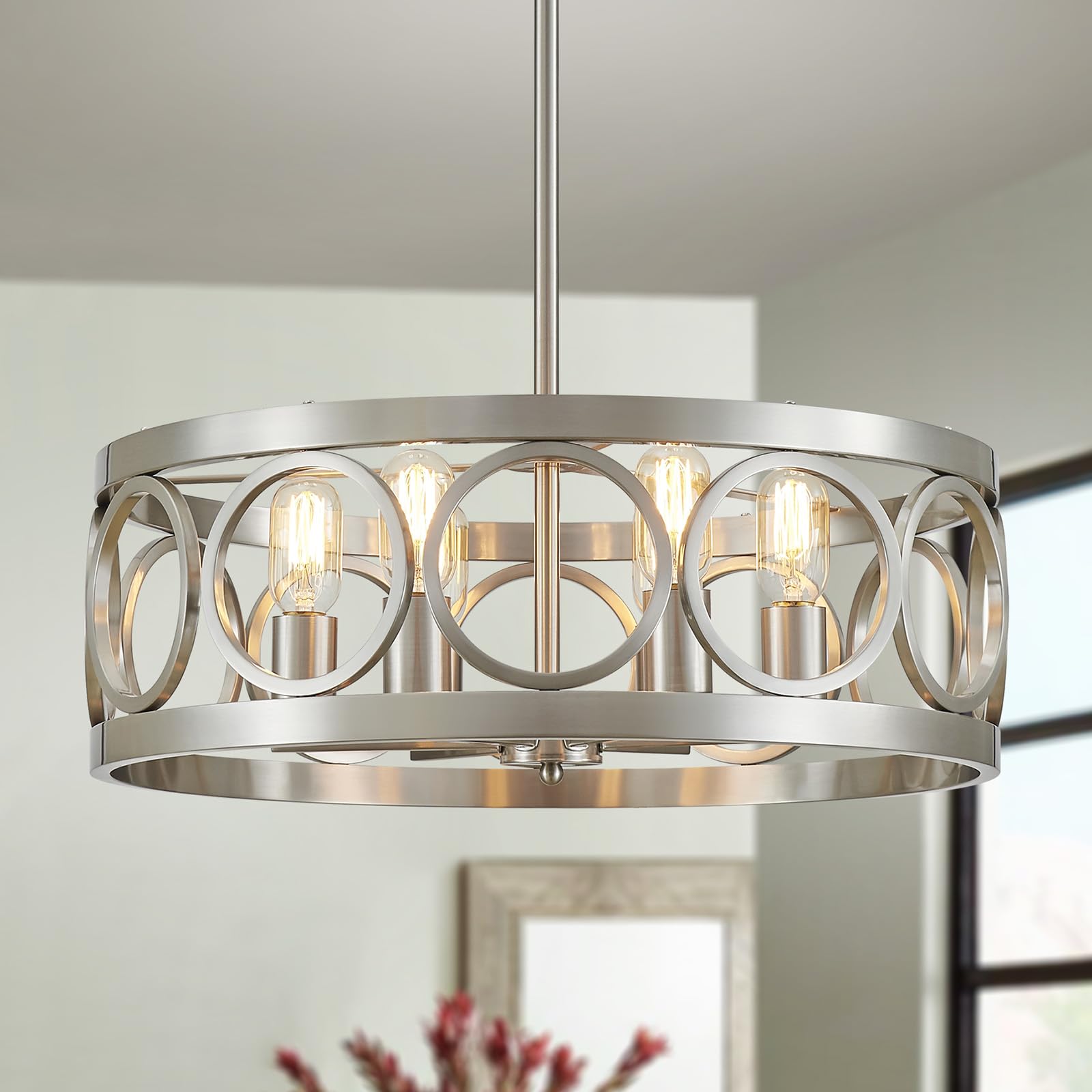 Xingqi 6-Light Modern Chandelier Brushed Nickel Farmhouse Dining Room Chandeliers, 21.7'' Drum Pendant Light Fixture Height Adjustable For Living Room Home Office