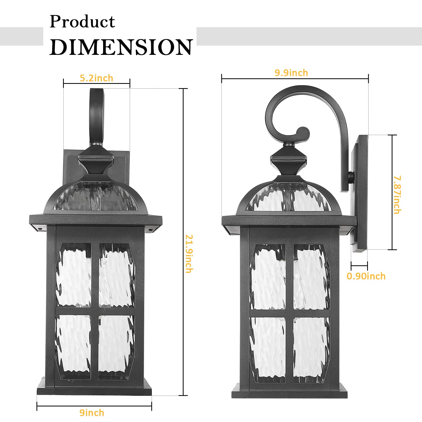Darkaway 2pcs Large Outdoor Wall Light - 22" Black Aluminum Fixture with Water Ripple Glass for Porch & Patio - Model 6D12B