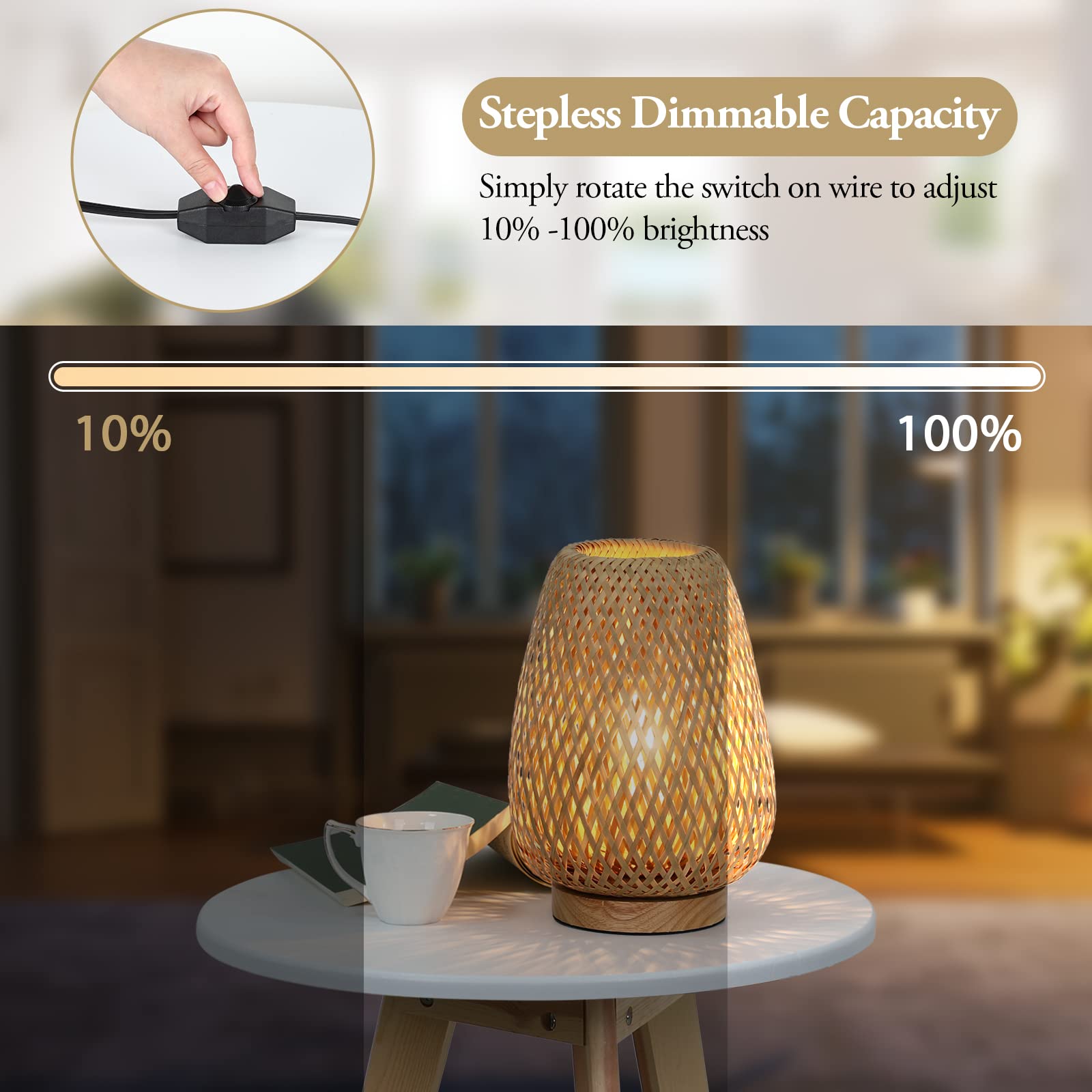 Brightever Rattan Table Lamp, Stepless Dimmable, Small, Wooden, Yellow, Model T1002-1, Perfect for Bedroom and Living Room