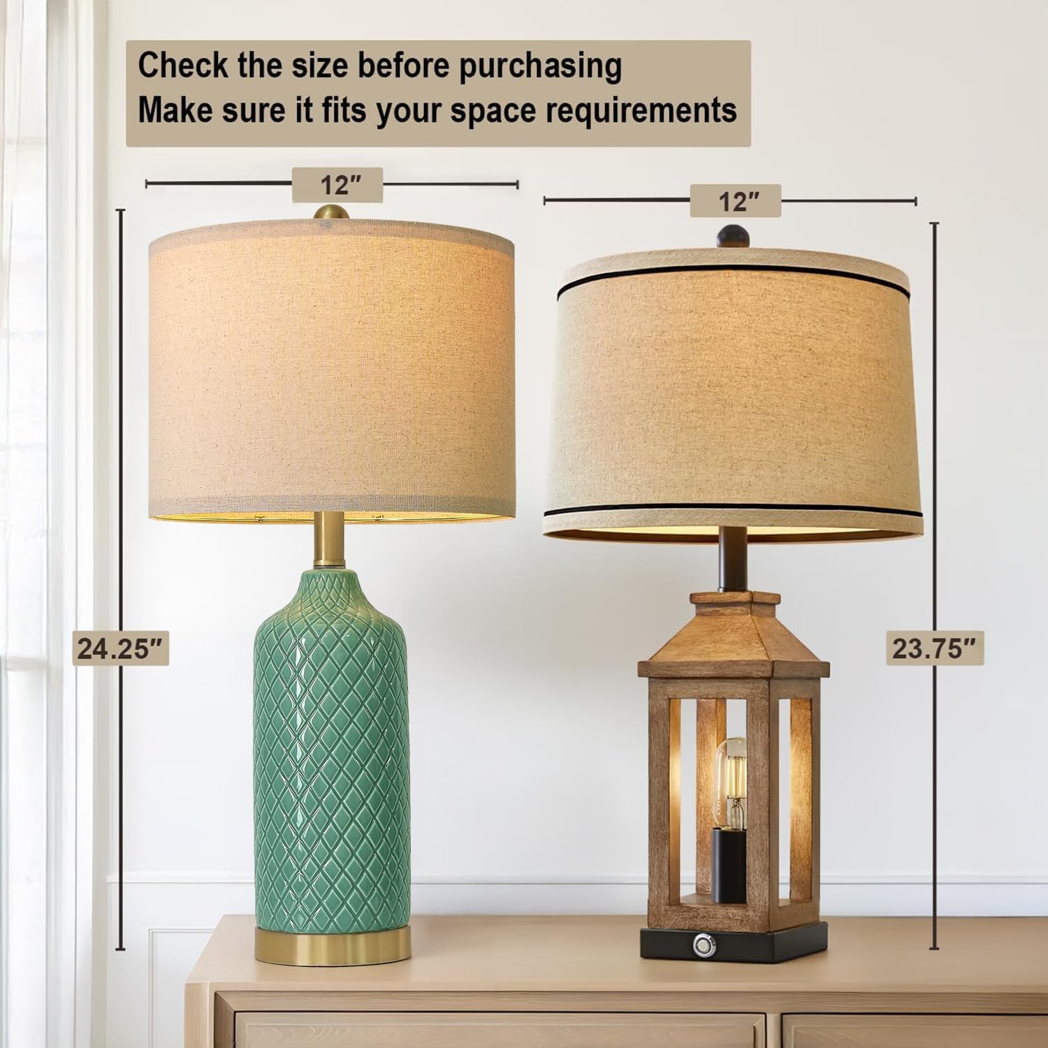 G-Safava24.25 Modern Ceramic Green Table Lamps Set Of 2 For Living Room  Farmhouse  Bedside  Bedroom  Side & End Tables Nightstand Light Home Office Desk Lamps Gifts