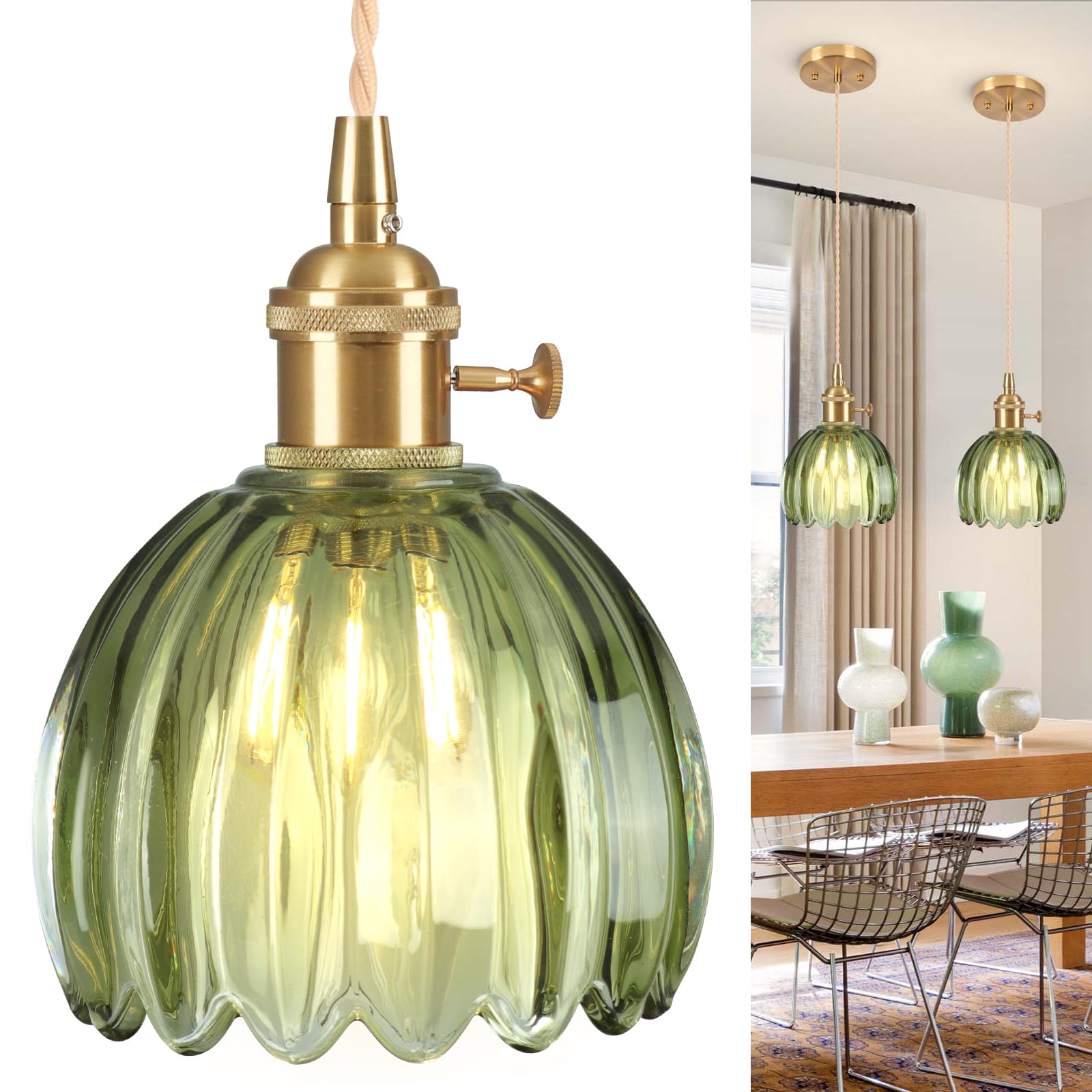 Loiogohot Pendant Light Fixtures,Mini Hanging Lights Green Glass Vintage Pendant Light 5.1Inch E26 Hanging Light for Bedroom Liv