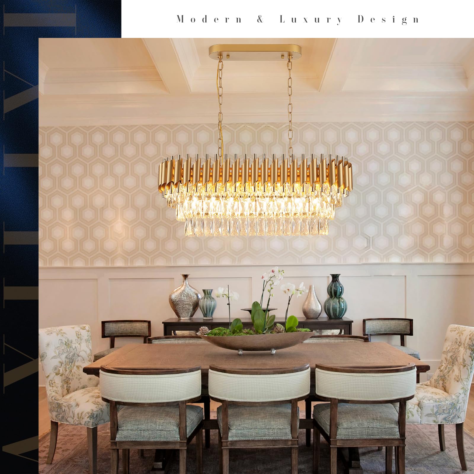 A AXILIXI 8-Light Modern Rectangular Chandelier, 32" Gold Crystal Pendant Light for Dining Room & Kitchen Island, Model 8801
