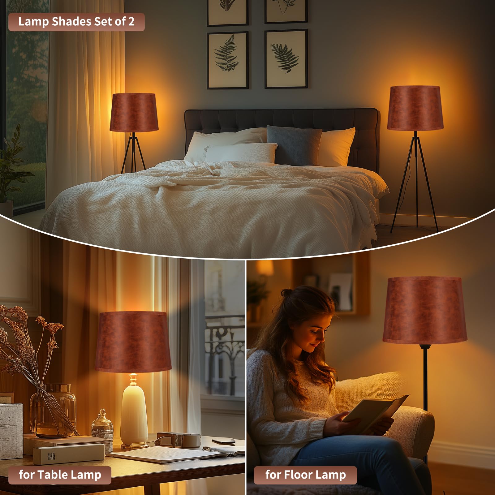 ALUCSET Drum Lampshades 2pcs, Large 13inx15inx11in, compatible with Brown Cowhide, Linen, Model LLA-S2426N, Spider Fitter