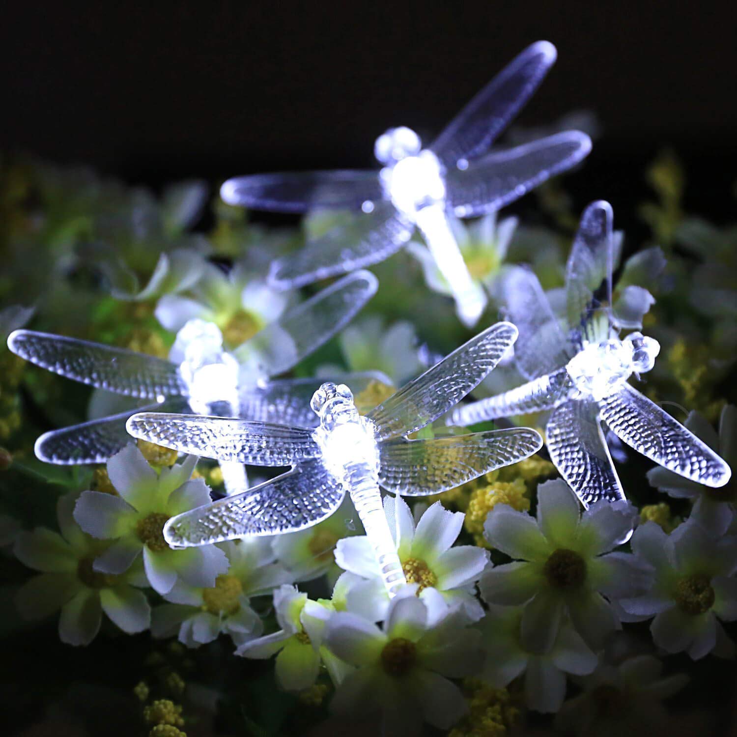 Semilits Solar String Light Waterproof Outdoor Fairy Lights 22Ft 30 Crystal Dragonfly Leds For Pation,Homes,Gardens