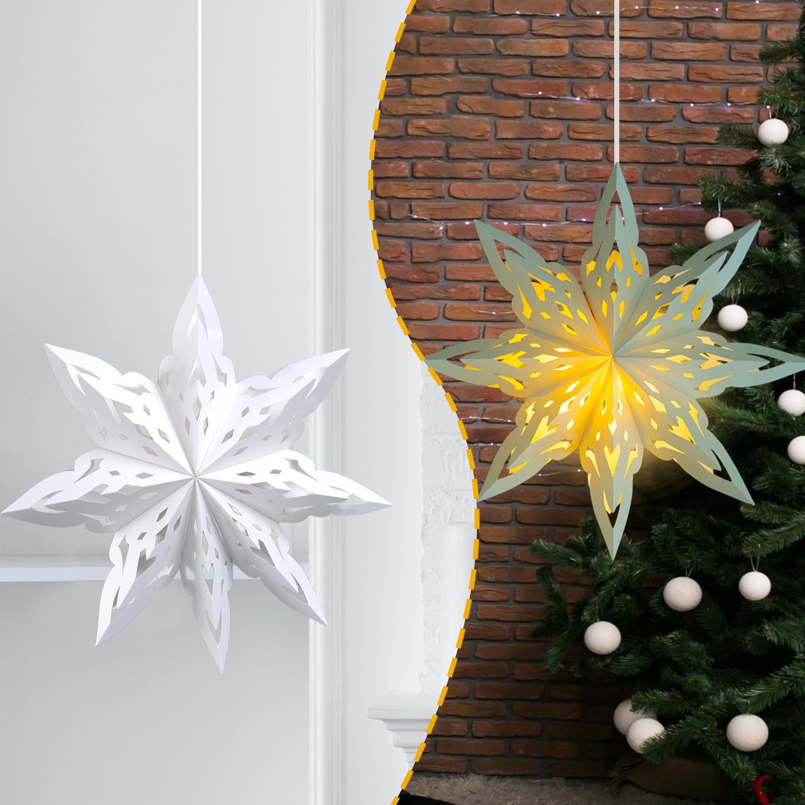 OuMuaMua 5 Pack Christmas Paper Snowflake Lanterns, White LED Hanging Lamps for Holiday Party Decorations, Model GSD001