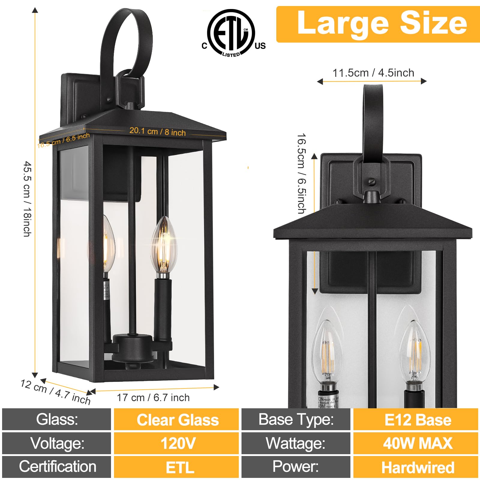 18&quot; Large Black Outdoor Wall Light Fixture, 2-Light Waterproof Etl Listed Outdoor Wall Lamp With Clear Glass, E12 Socket, Aluminum Outside Garage Light Lantern For House, Porch, Patio, Garage