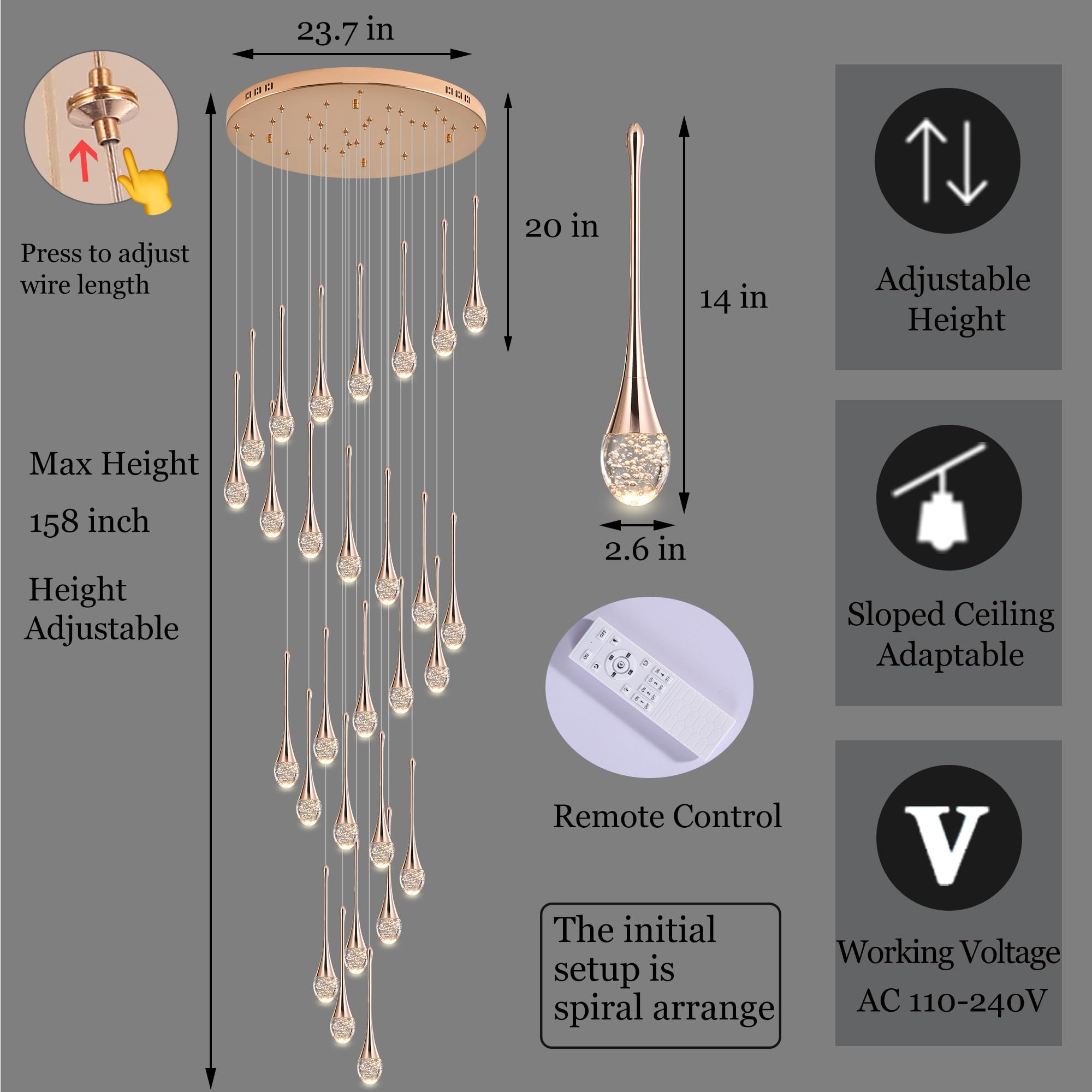 Upfelw 10-Light Modern Crystal Chandelier, Gold, Dimmable LED Raindrop Fixture, H98.5'' for Entryway/Dining Room, Model UCC-G10-043