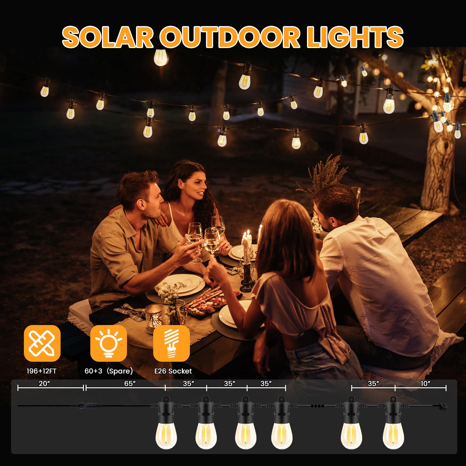 208Ft(196+12) Solar String Lights Outdoor Waterproof, Solar Powered Patio Light With 60+3 Dimmable S14 Edison Bulbs Shatterproof