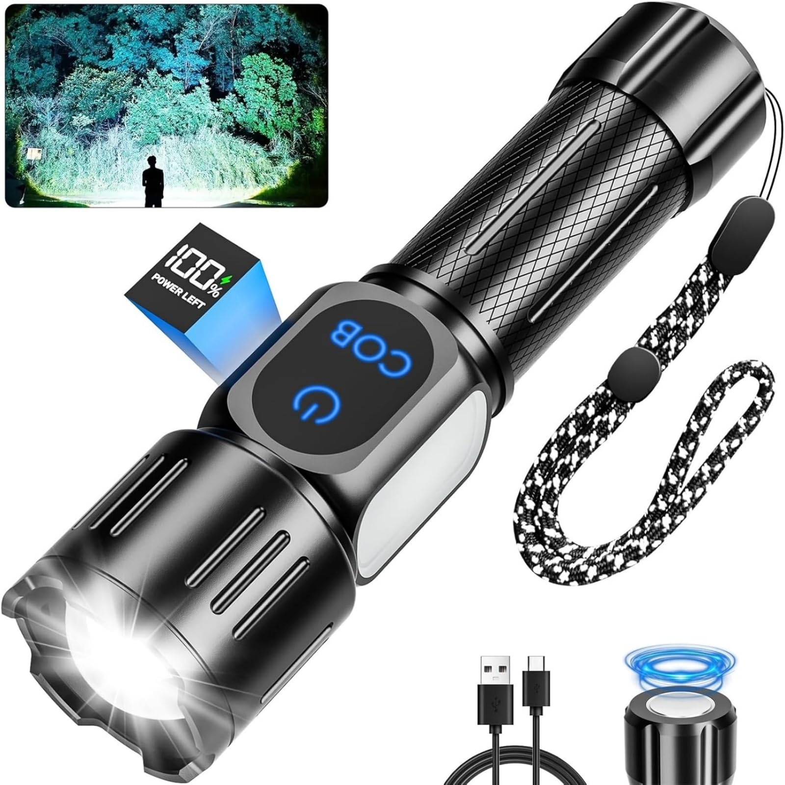 Dszuu Rechargeable LED Flashlight, Super Bright 99000 High Lumens Flash Light, 9 Modes Zoomable Flashlight with LCD Display, Wat