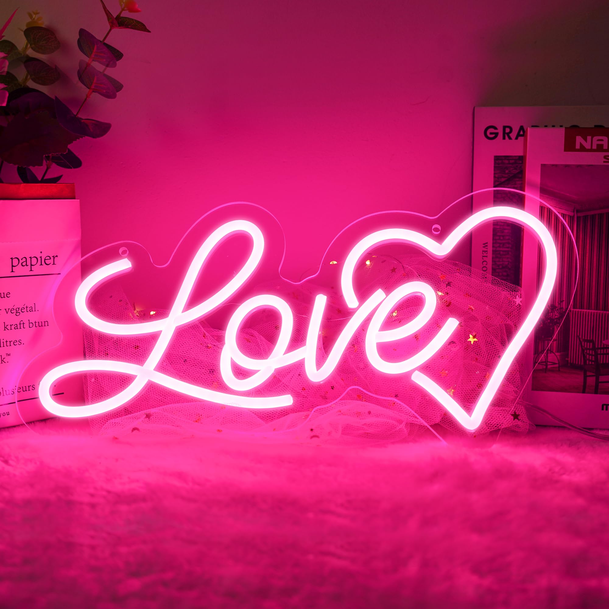 Begooat Love Heart Neon Sign - 10 Levels Dimmable USB Light for Kids Bedroom, Wedding Decor, Valentines Day Gift, Model S