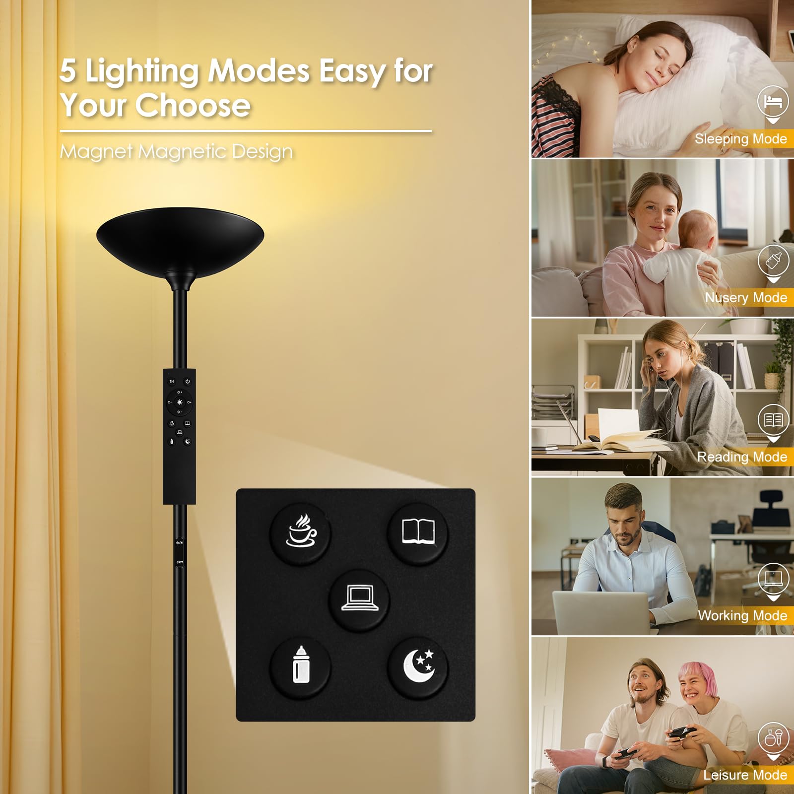 Bricosmocon 30W Dimmable Led Floor Lamp With Remote, 71In Tall Modern Black Torchiere For Home
