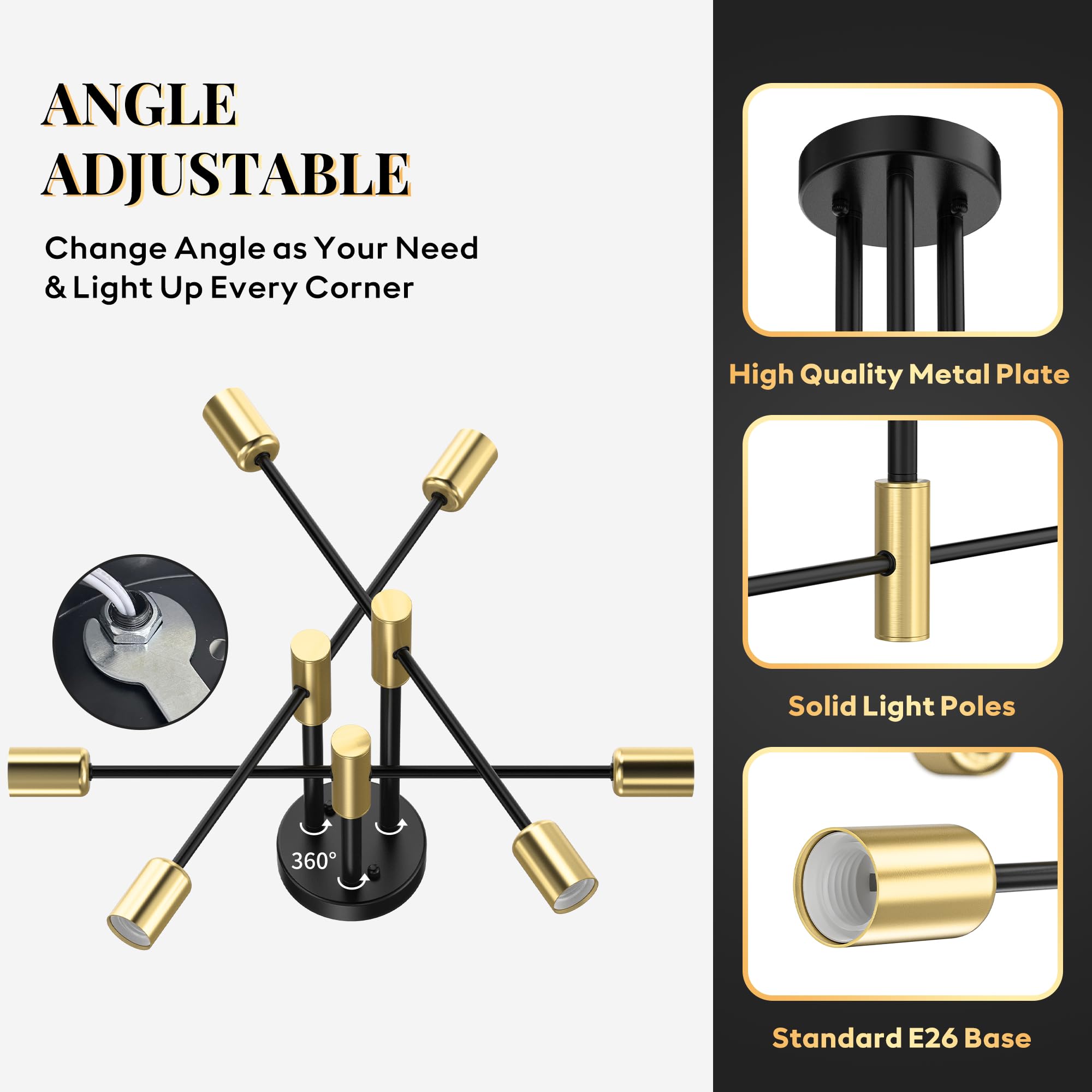 Phaosio Modern Sputnik Chandelier Ceiling Light Fixtures, 6-Lights Mid Century Industrial Metal Semi Flush Mount Lamp For Bedroo