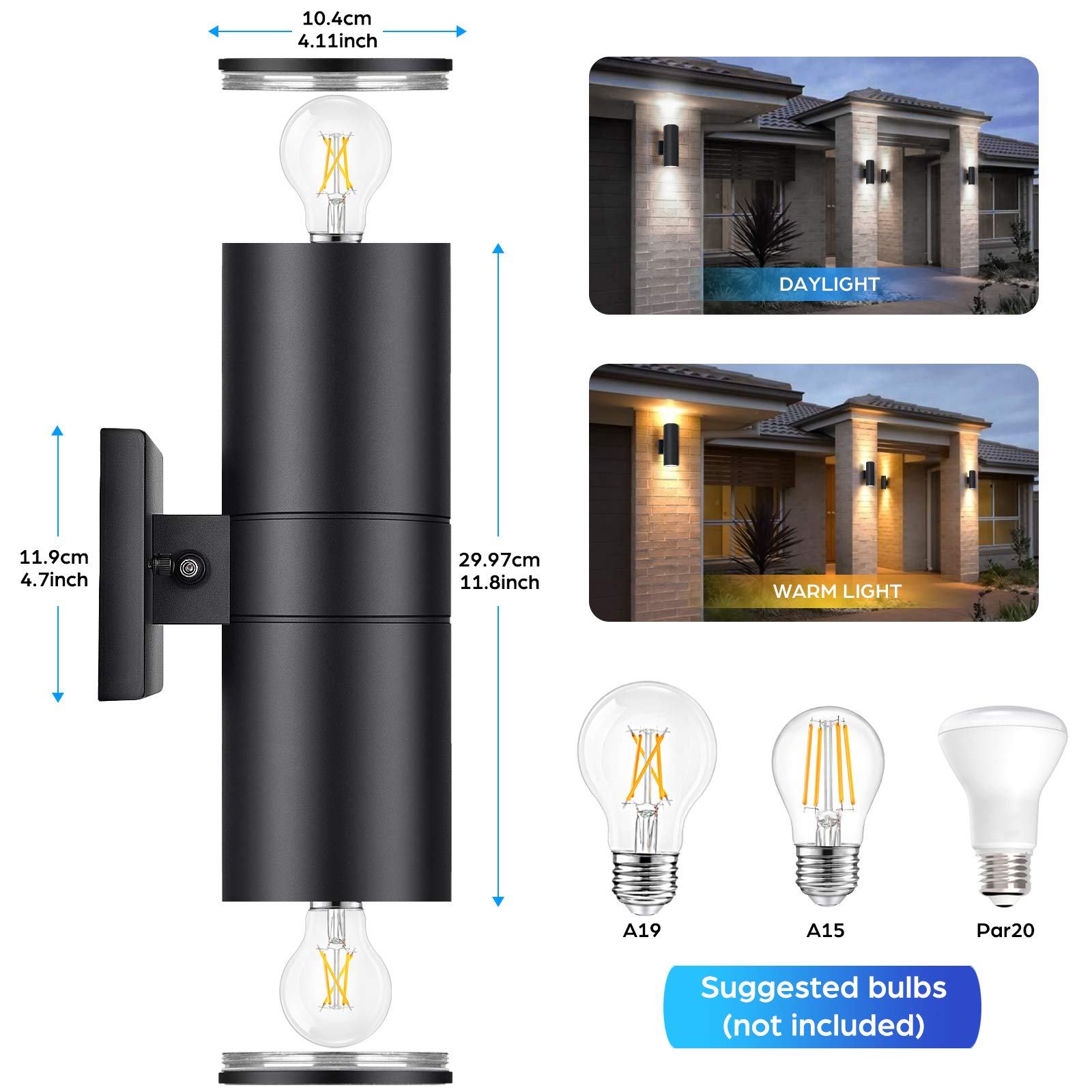 TOBUSA Modern Outdoor Wall Light, Waterproof Aluminum, Dusk to Dawn Sensor, 2-Pack, Black, Model W6069-02-BK
