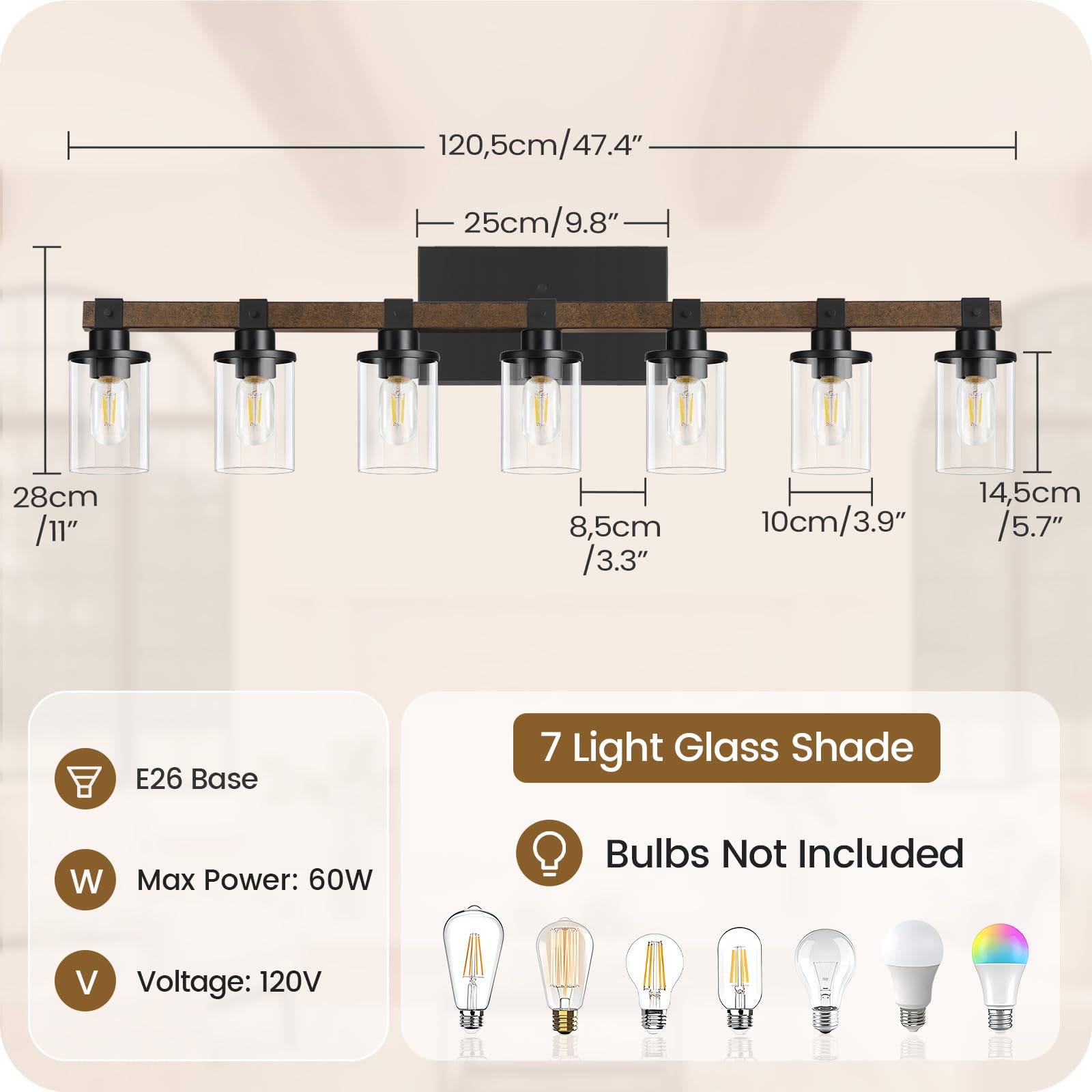 GOEBLESON 7-Light Bathroom Light Fixture, Rustic Metal Vanity Lights, F16BD05, Glass Shade, Rustic Brown + Black